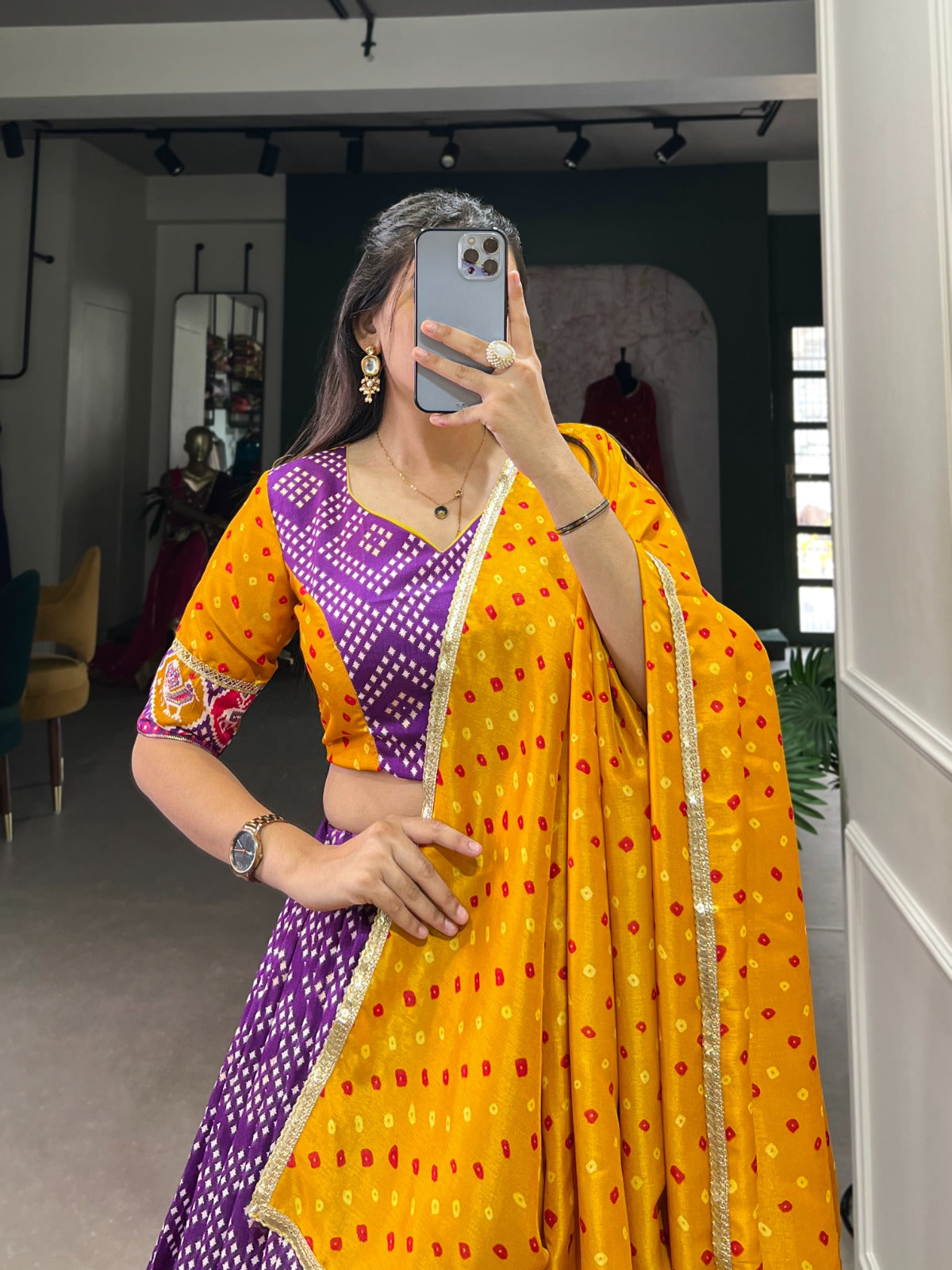 Bandhej And Patola Print With Foil Work on Tussar Silk Lehenga Choli - India shopping