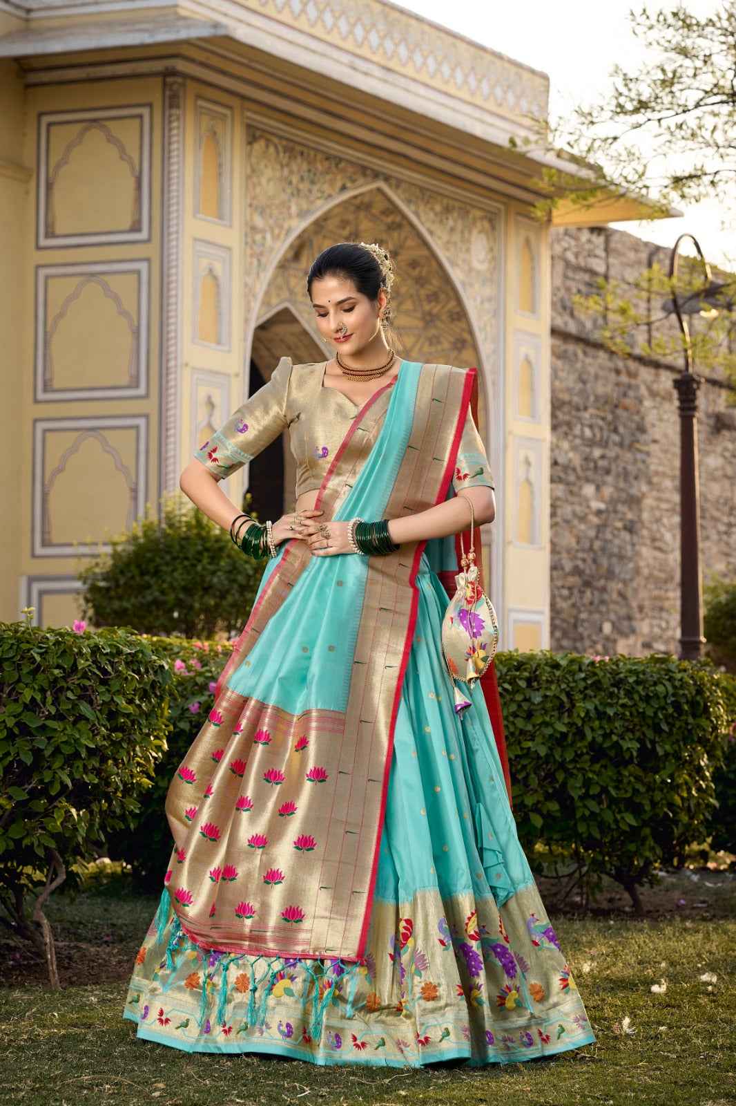 Sky Blue Jacquard Silk Paithani Lehenga Choli - India shopping