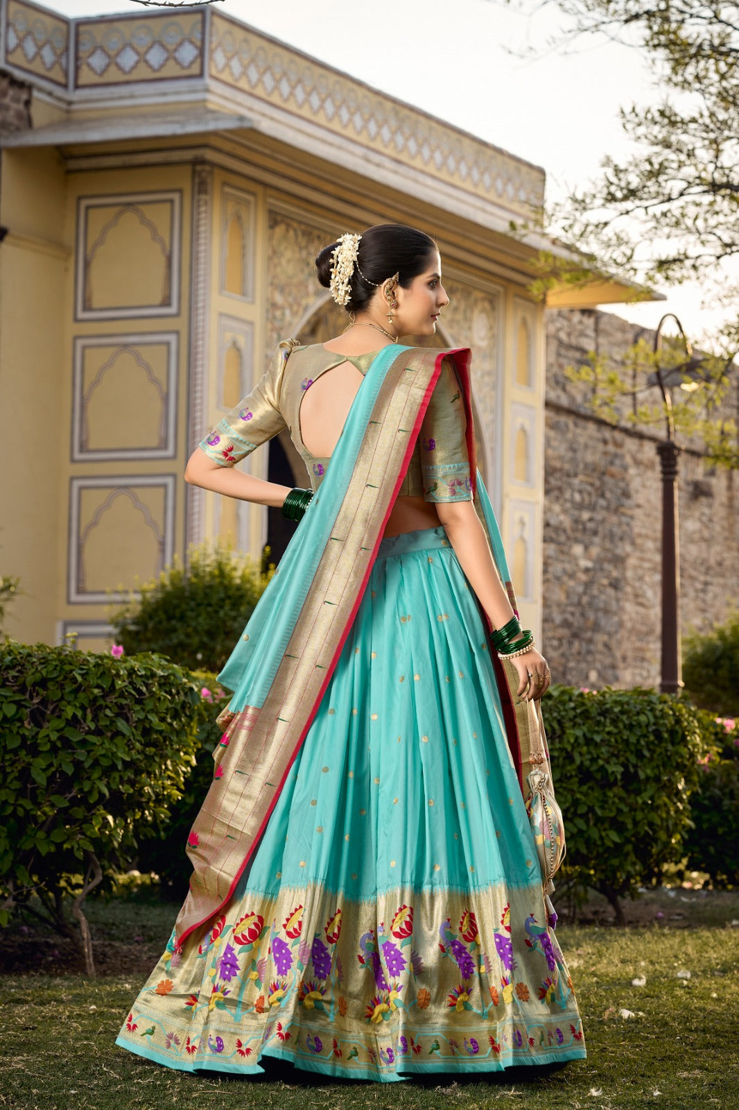 Sky Blue Jacquard Silk Paithani Lehenga Choli - India shopping
