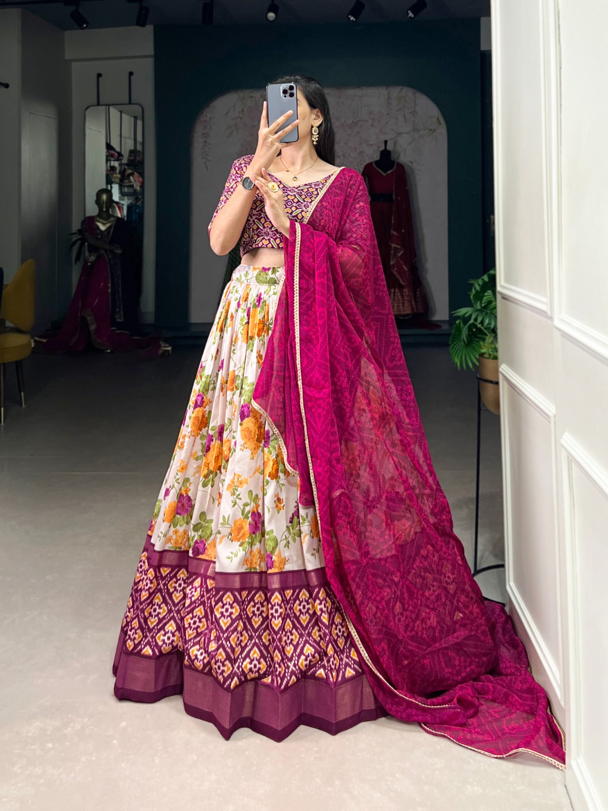 White-Pink Tussar Silk Lehenga Set with Perfect floral and patola print - India shopping