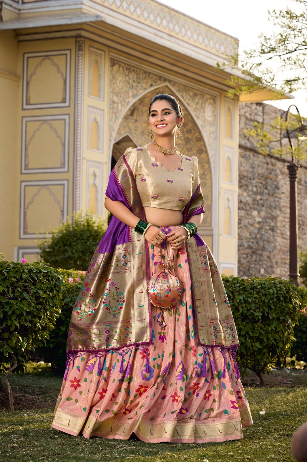 Peachy Jacquard Silk Paithani Lehenga Choli