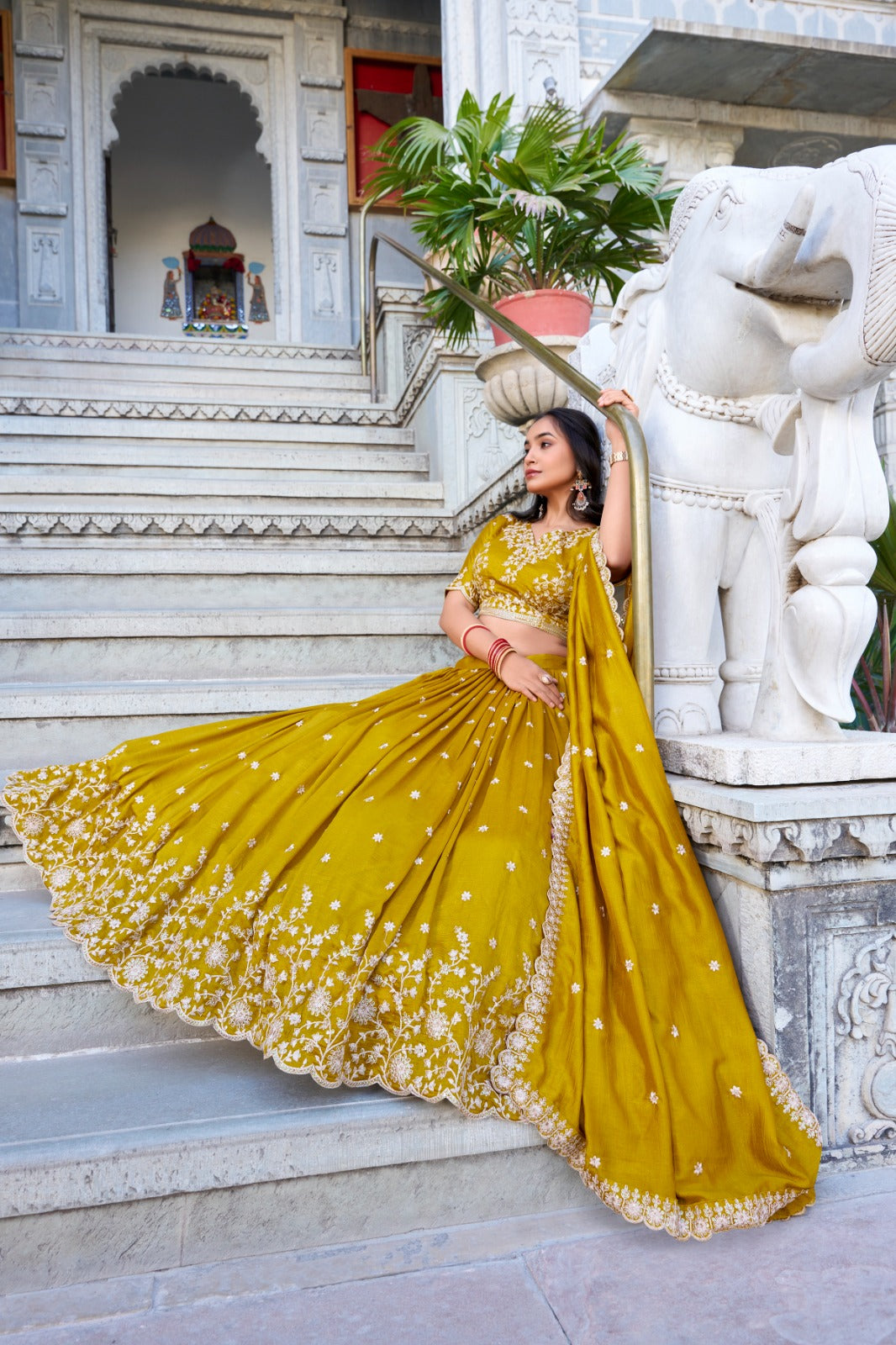 Mustard Vichitra Silk Lehenga With Sequins & Thread Embroidery Work