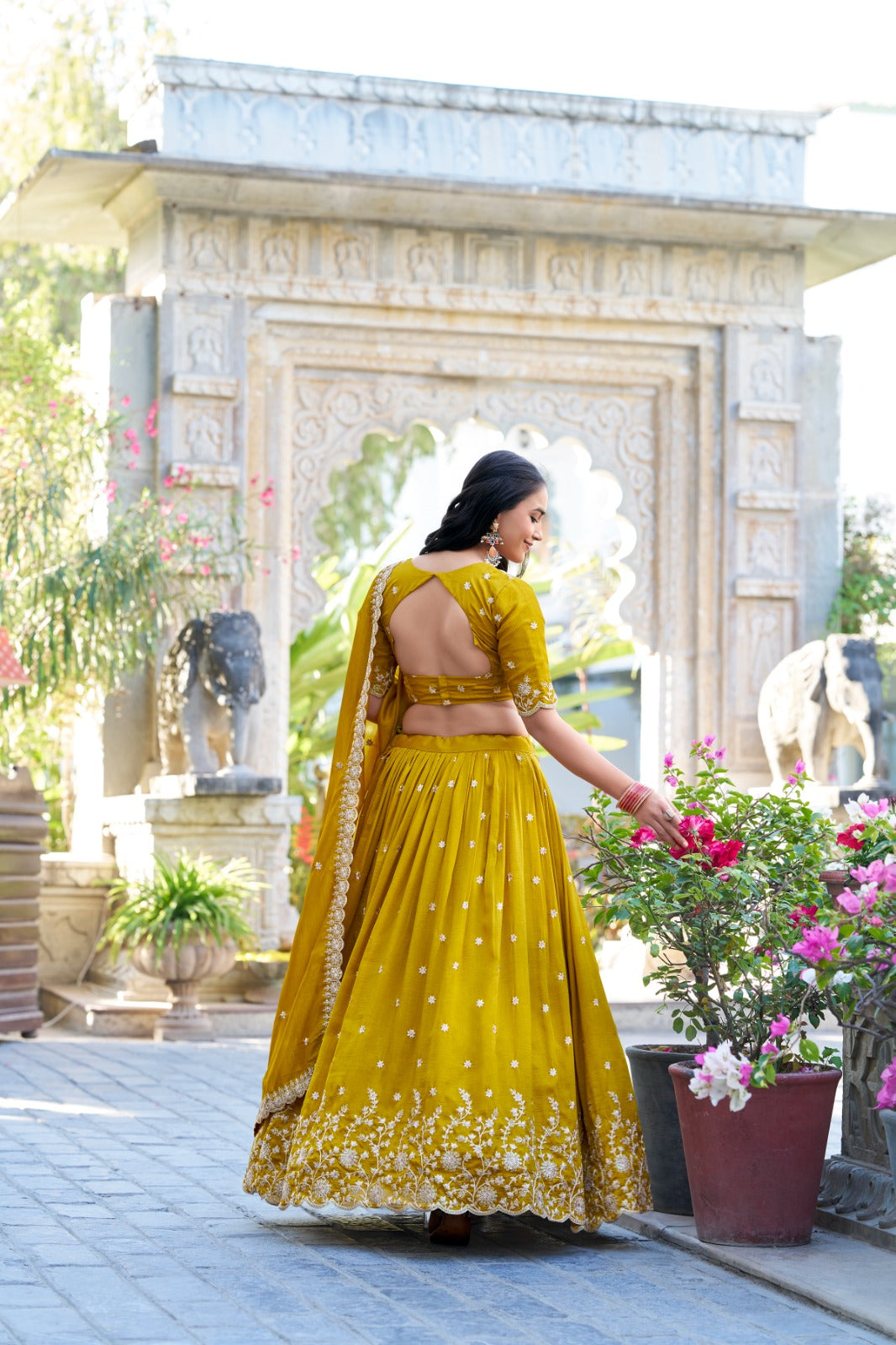 Mustard Vichitra Silk Lehenga With Sequins & Thread Embroidery Work