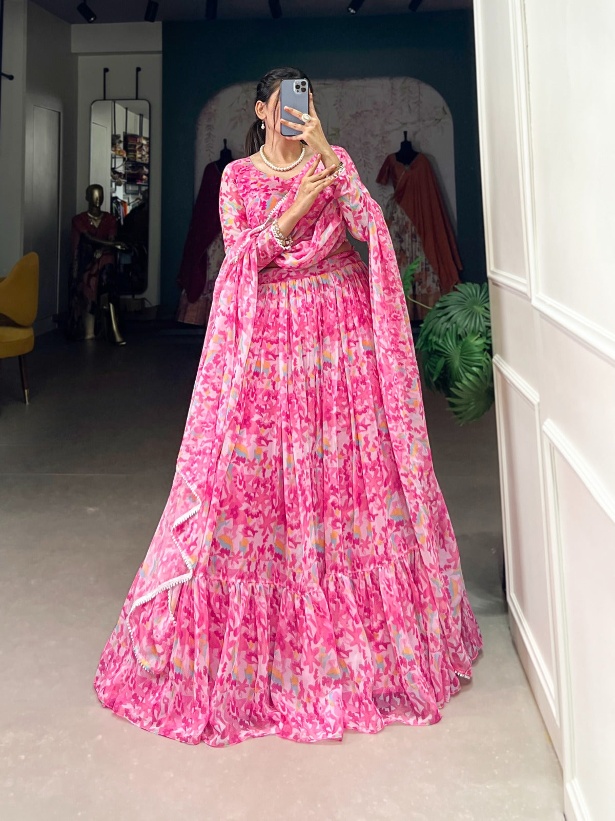 Light Pink Georgette Lehenga Choli With Floral Print