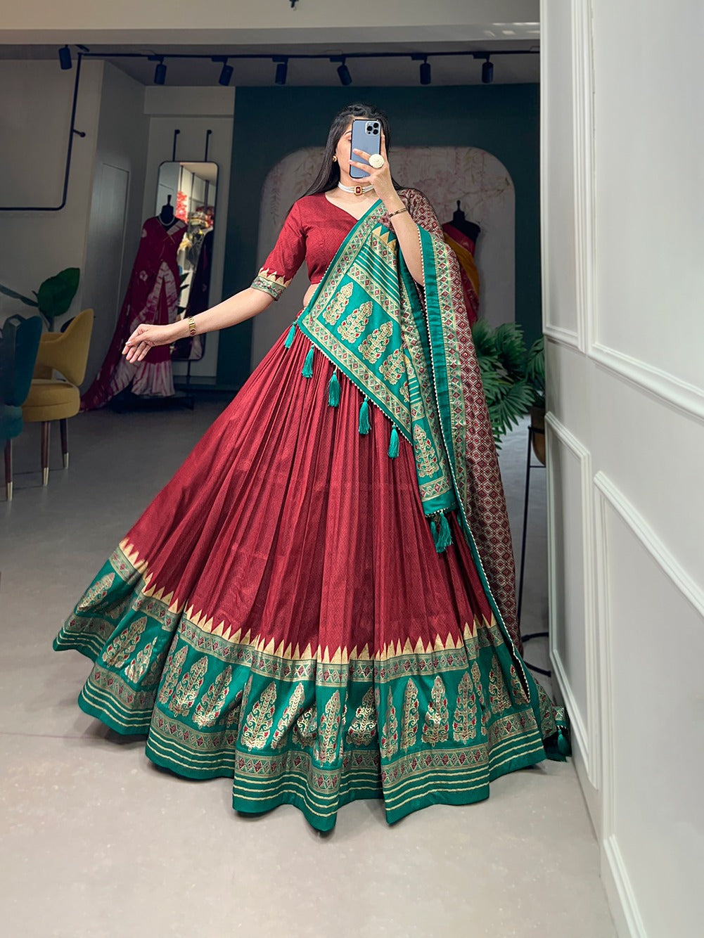 Red Tussar Silk Lehenga Choli With Foil Print Work