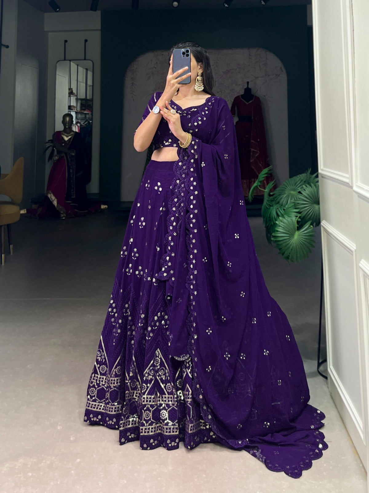 Purple Georgette Lehenga Choli With Sequins & Thread Embroidery Work