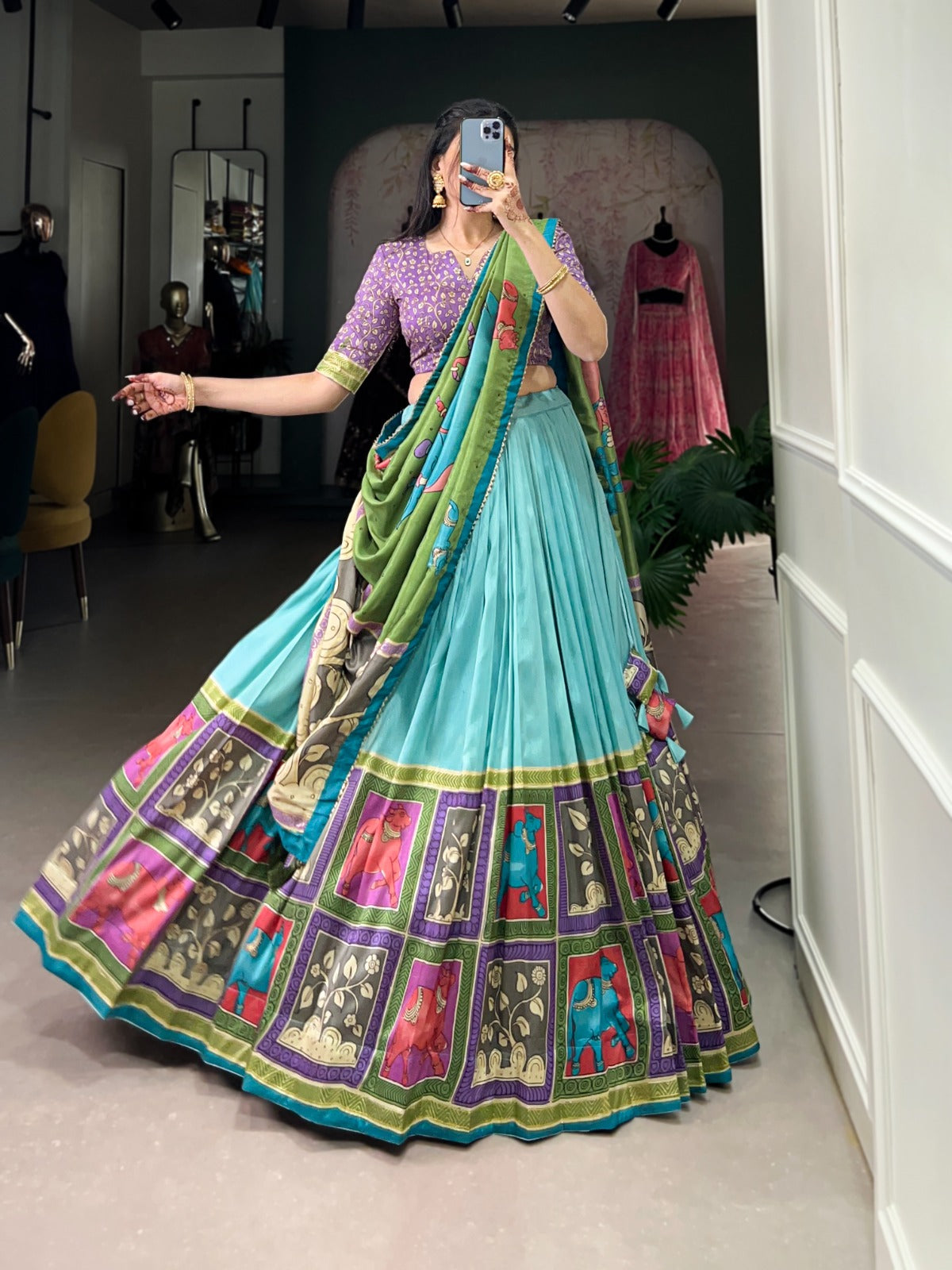 Kalamkari Work on Tussar Silk Lehenga With Foil Work