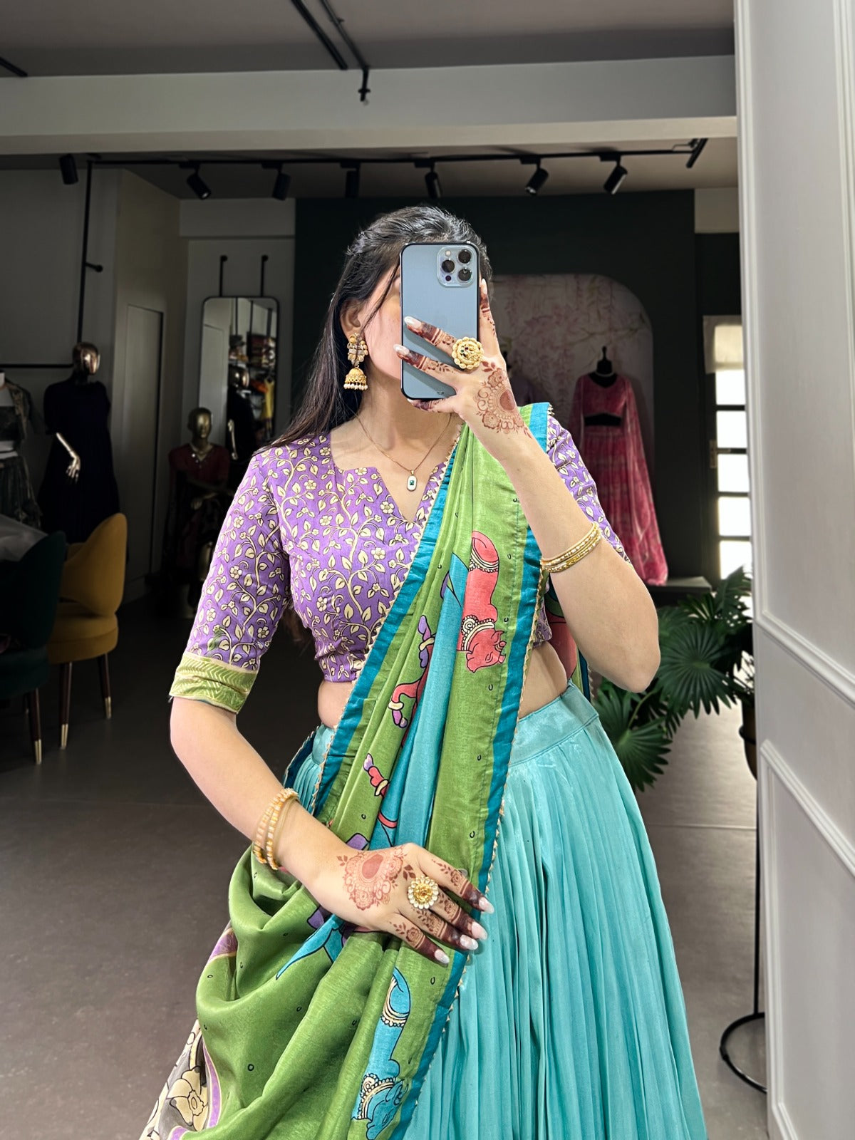 Kalamkari Work on Tussar Silk Lehenga With Foil Work