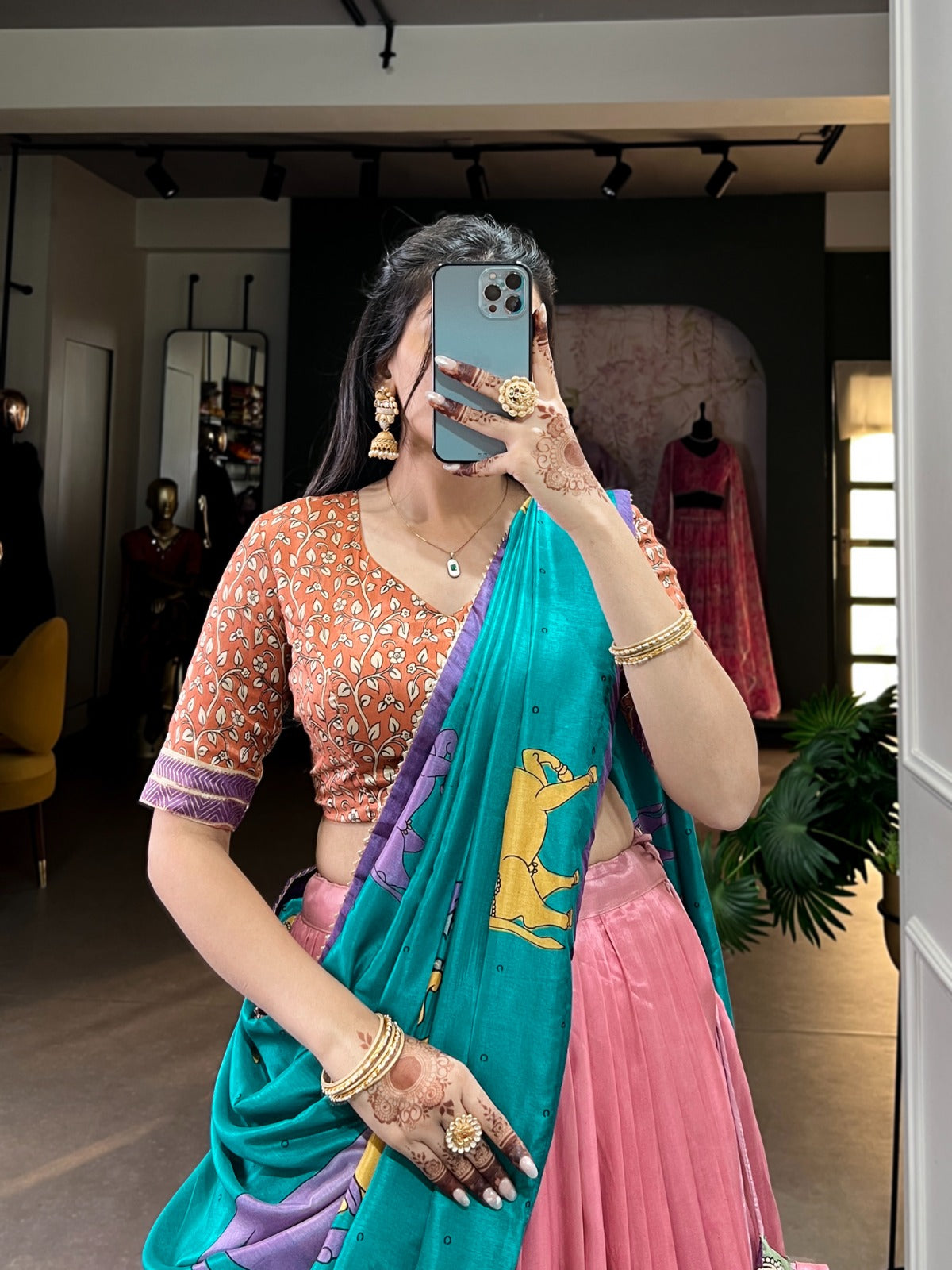 Kalamkari Work on Tussar Silk Lehenga With Foil Work