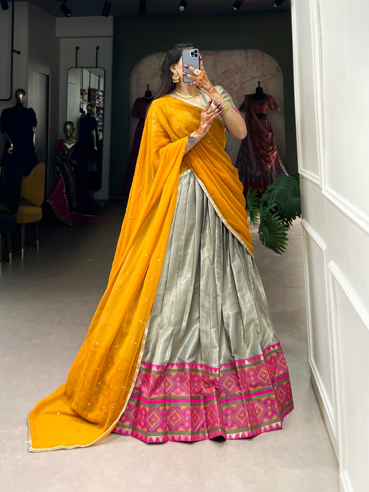 Grey Jacquard Silk Lehenga And Weaving Work With Ikkat Kanjivaram