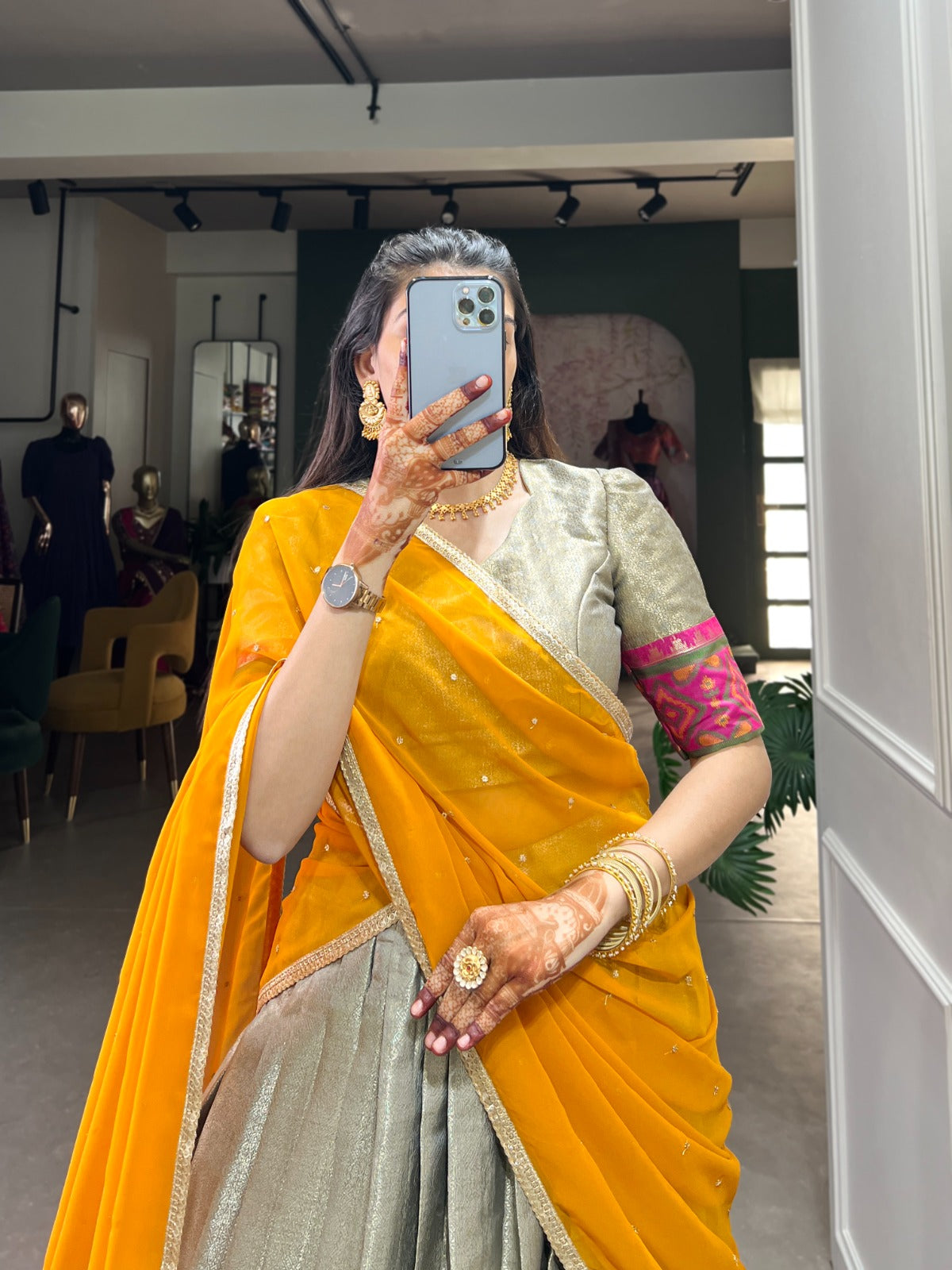 Grey Jacquard Silk Lehenga And Weaving Work With Ikkat Kanjivaram