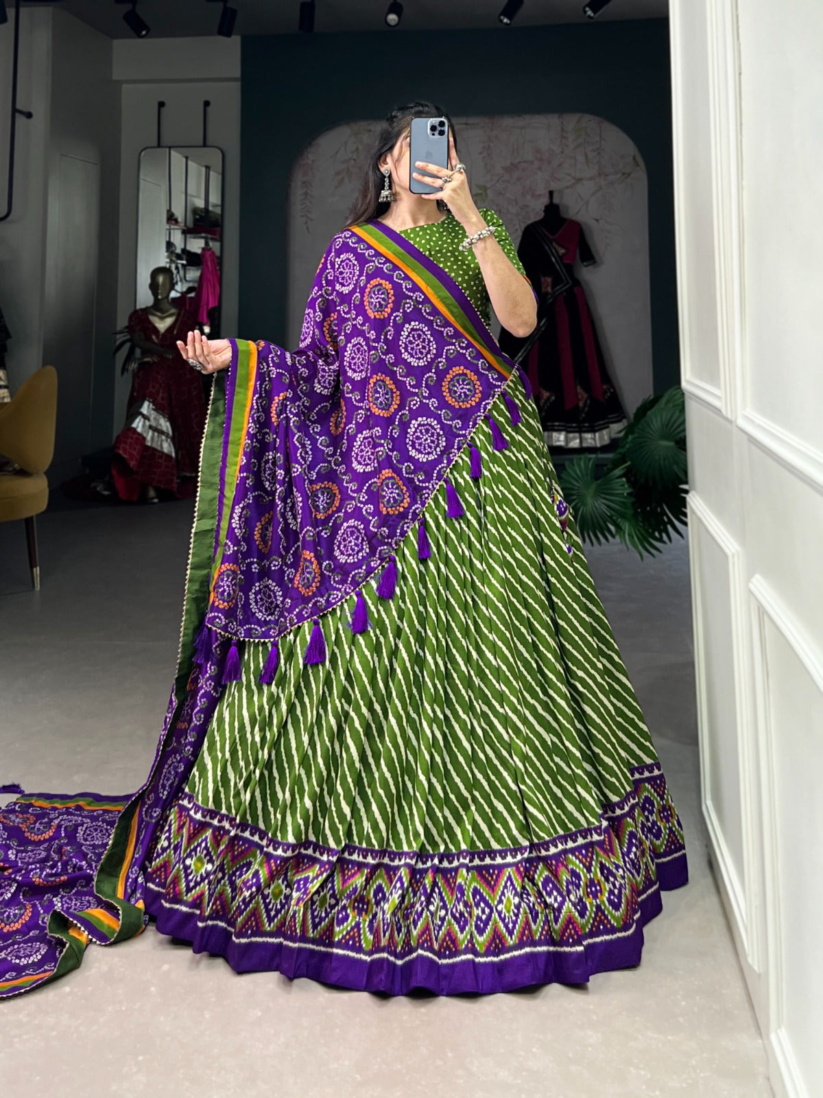 Elegant Leheriya Print Tussar Silk Lehenga Choli
