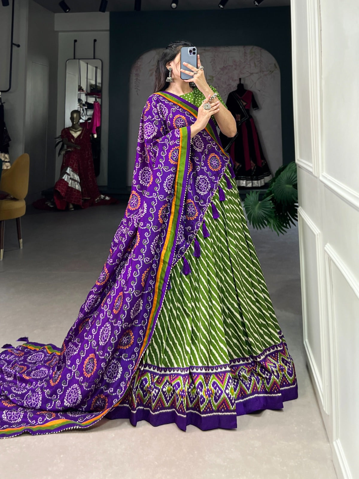 Elegant Leheriya Print Tussar Silk Lehenga Choli