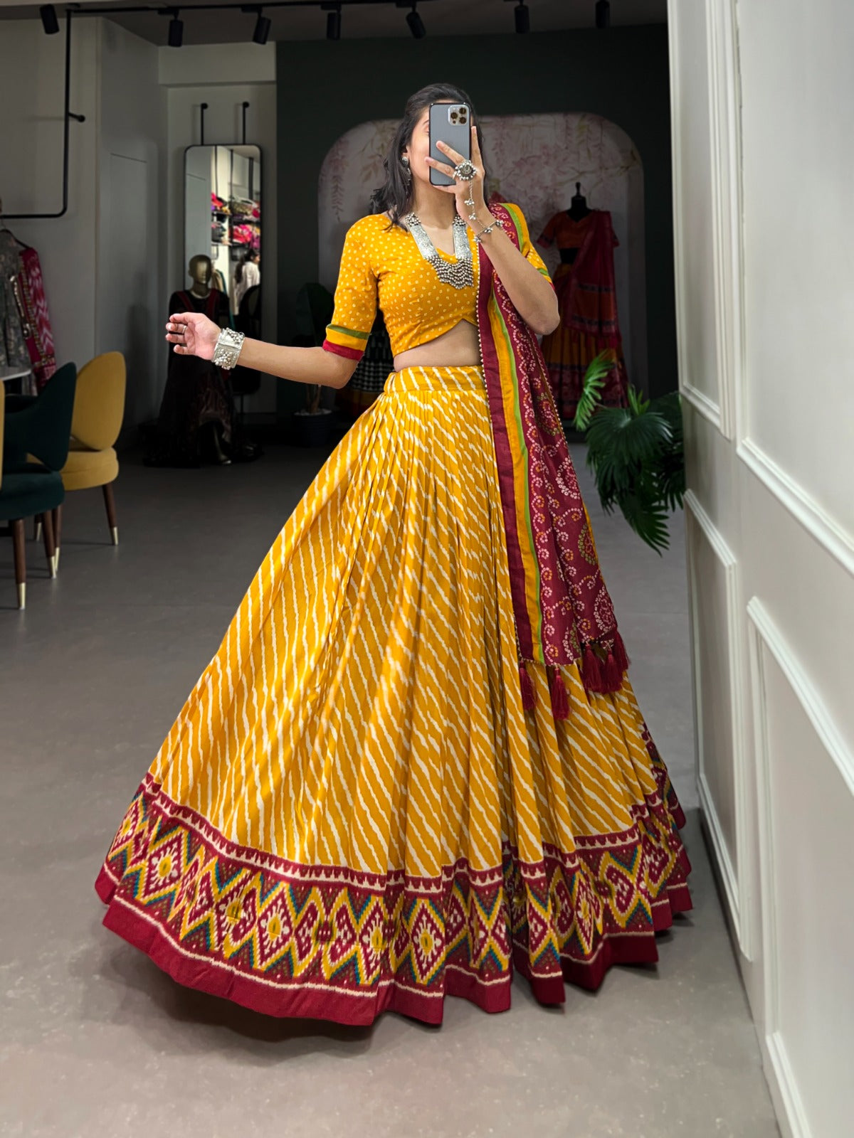 Elegant Leheriya Print Tussar Silk Lehenga Choli