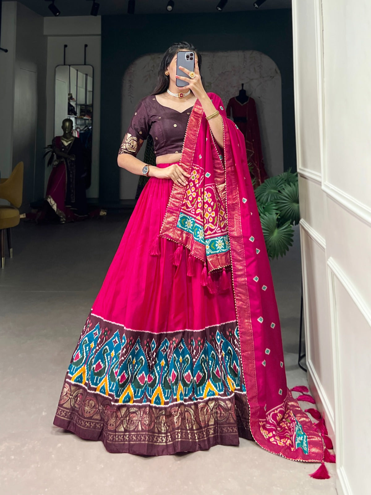 Pink Dola Silk Printed Lehenga Choli With Foil Work