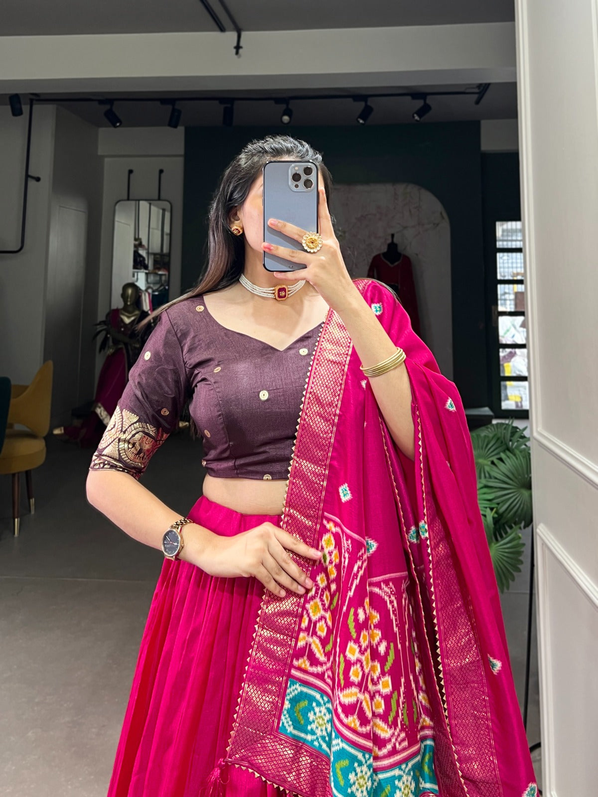 Pink Dola Silk Printed Lehenga Choli With Foil Work