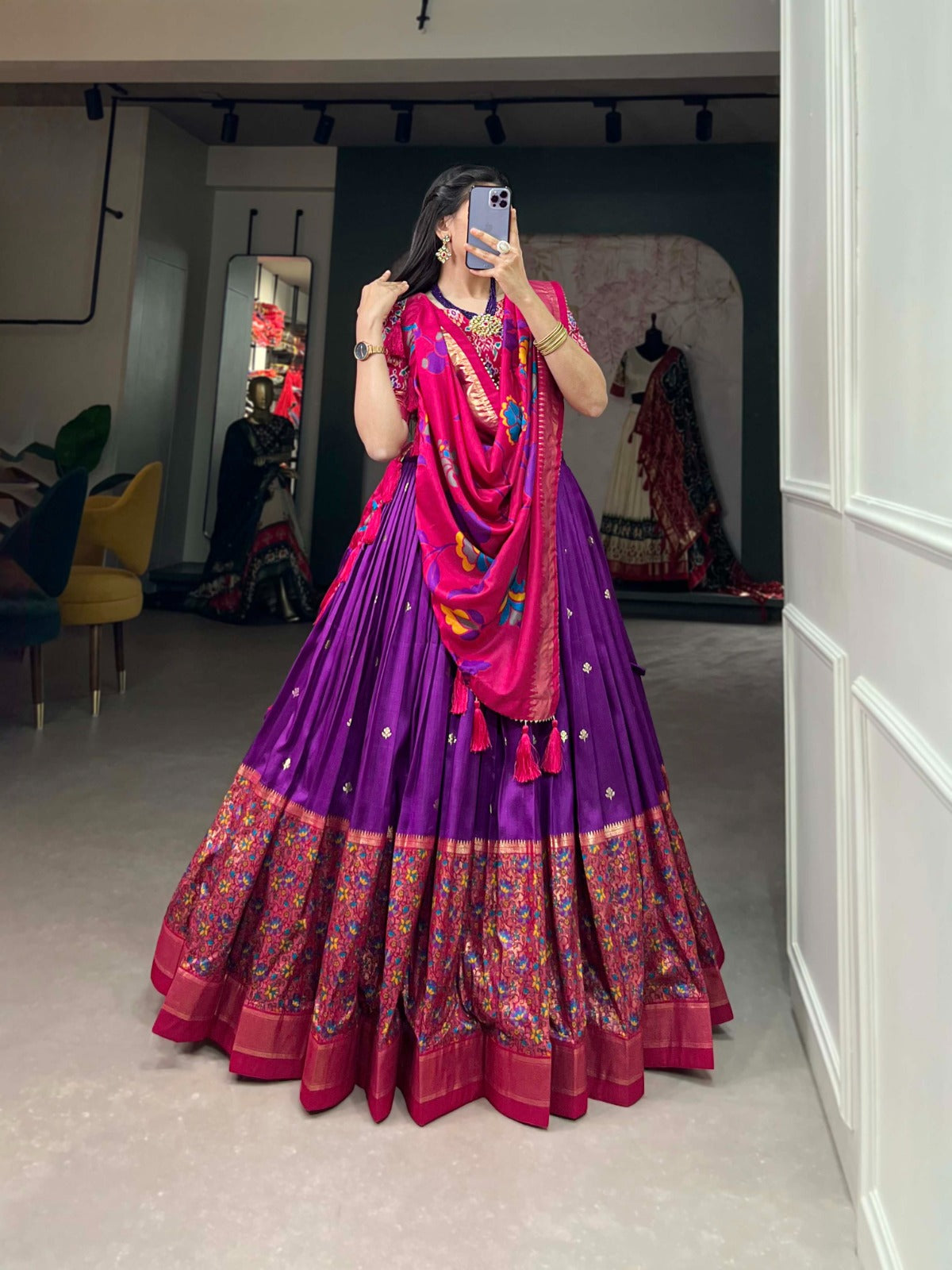 Purple Tussar Silk Printed Lehenga With Foil Print Work