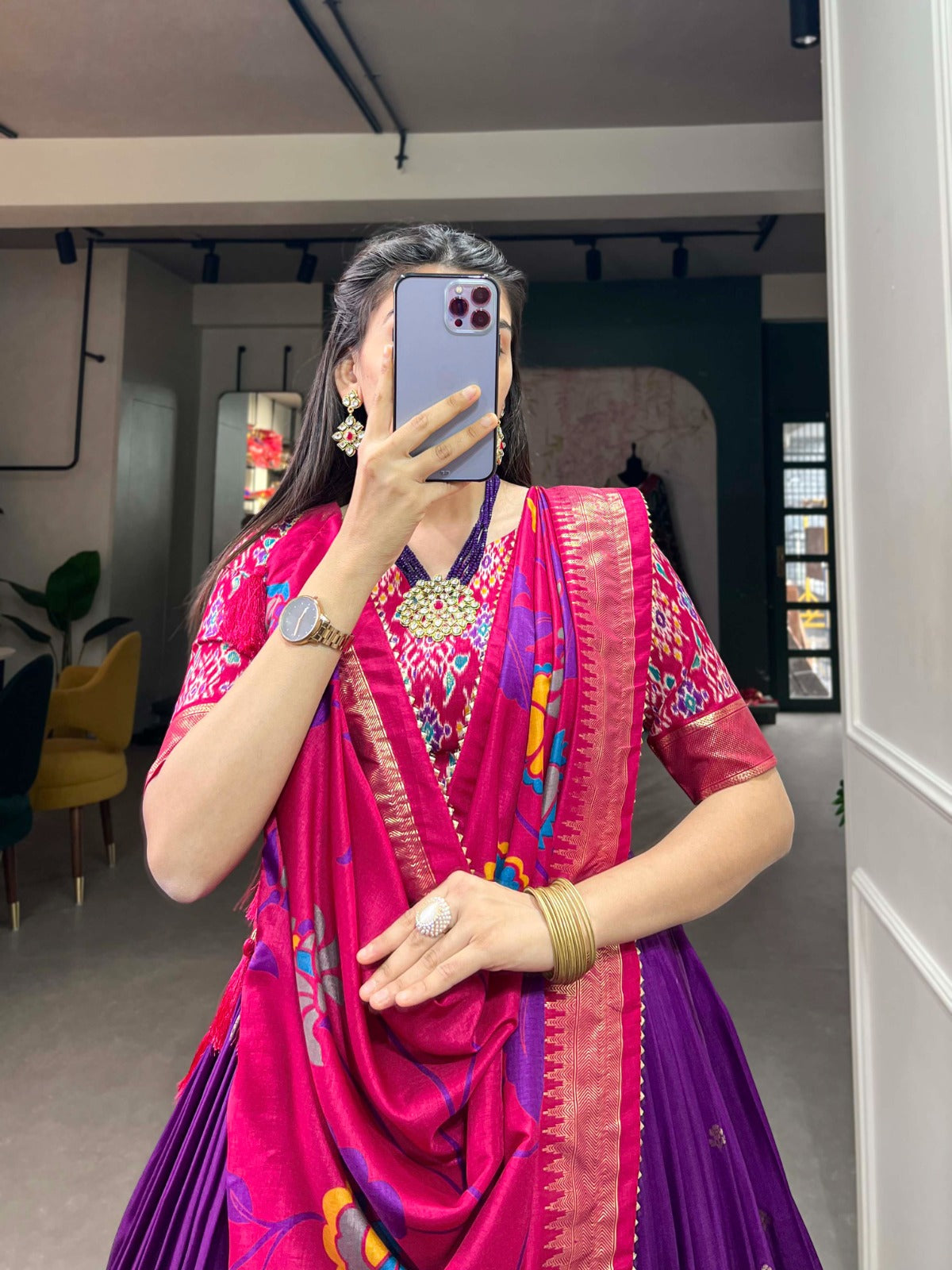 Purple Tussar Silk Printed Lehenga With Foil Print Work