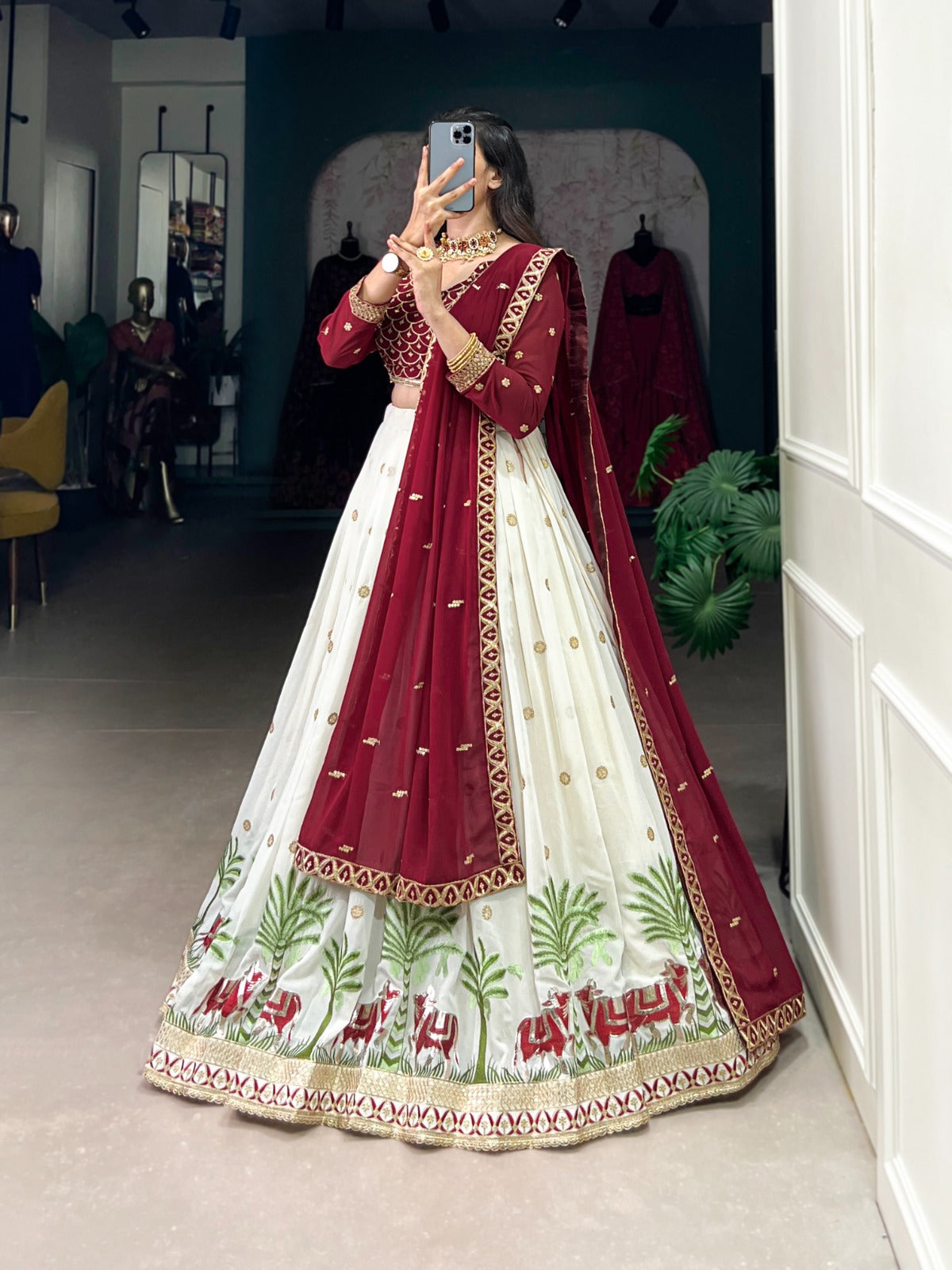 Red Georgette Lehenga Choli With Sequins & Thread Embroidery Work And Lace Touch Up