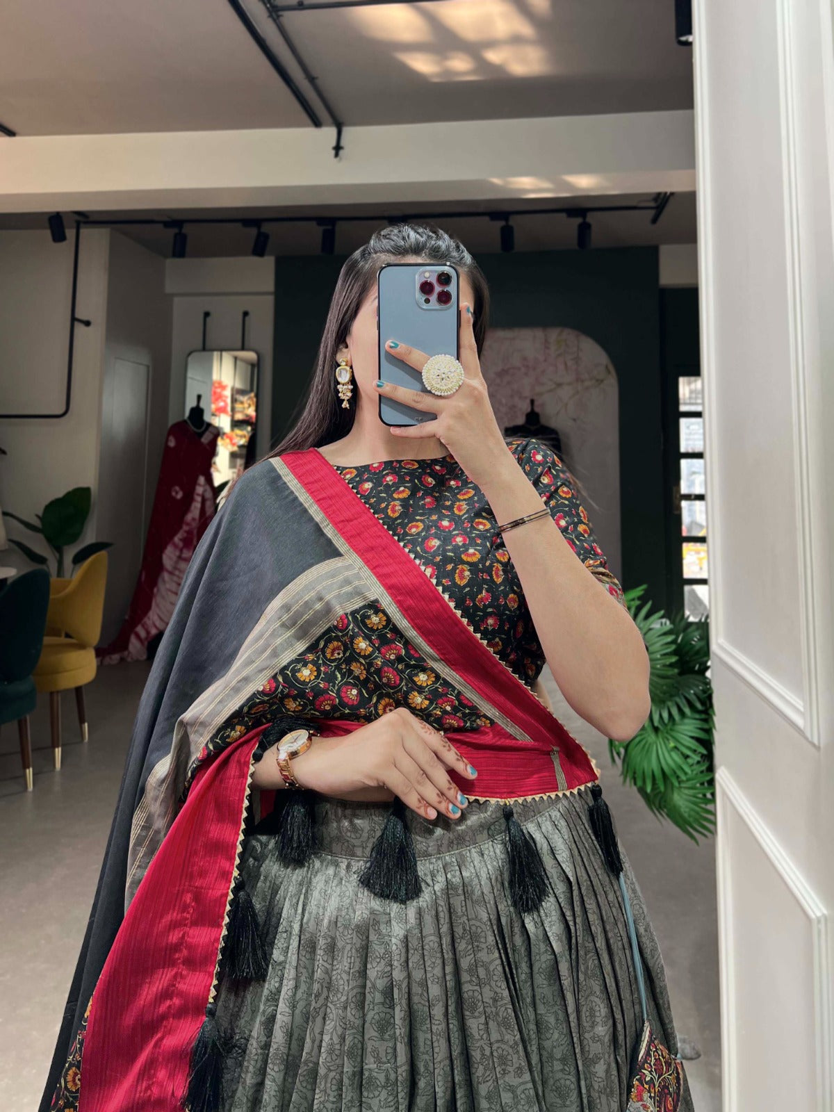 Grey Tussar Silk Lehenga With Kashmiri Print & Foil Print Work