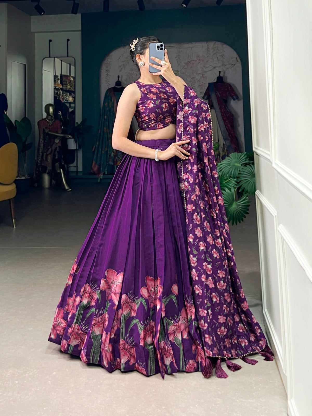 Latest Floral Tussar Silk Lehenga Choli With Foil Print Work