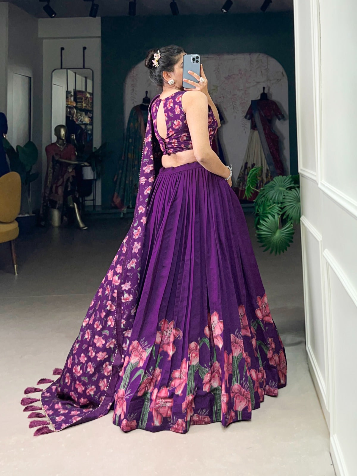 Latest Floral Tussar Silk Lehenga Choli With Foil Print Work