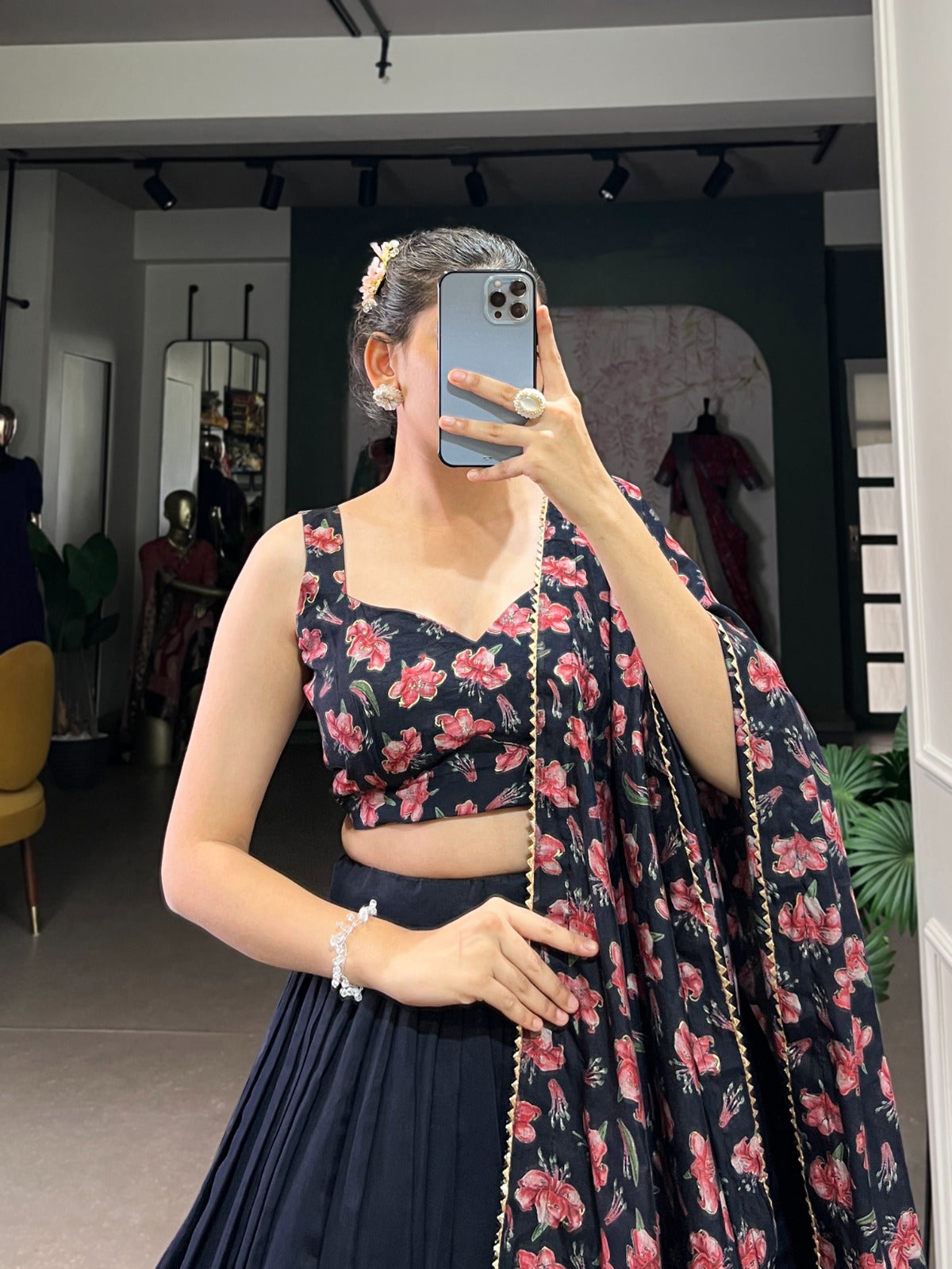 Latest Floral Tussar Silk Lehenga Choli With Foil Print Work