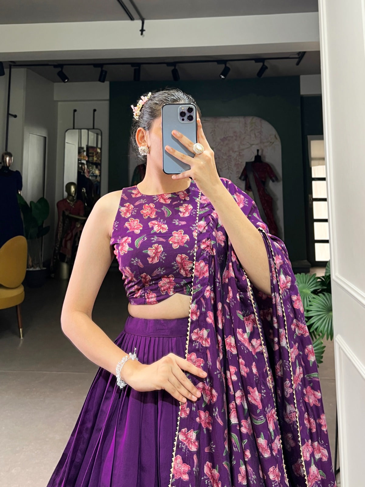 Latest Floral Tussar Silk Lehenga Choli With Foil Print Work