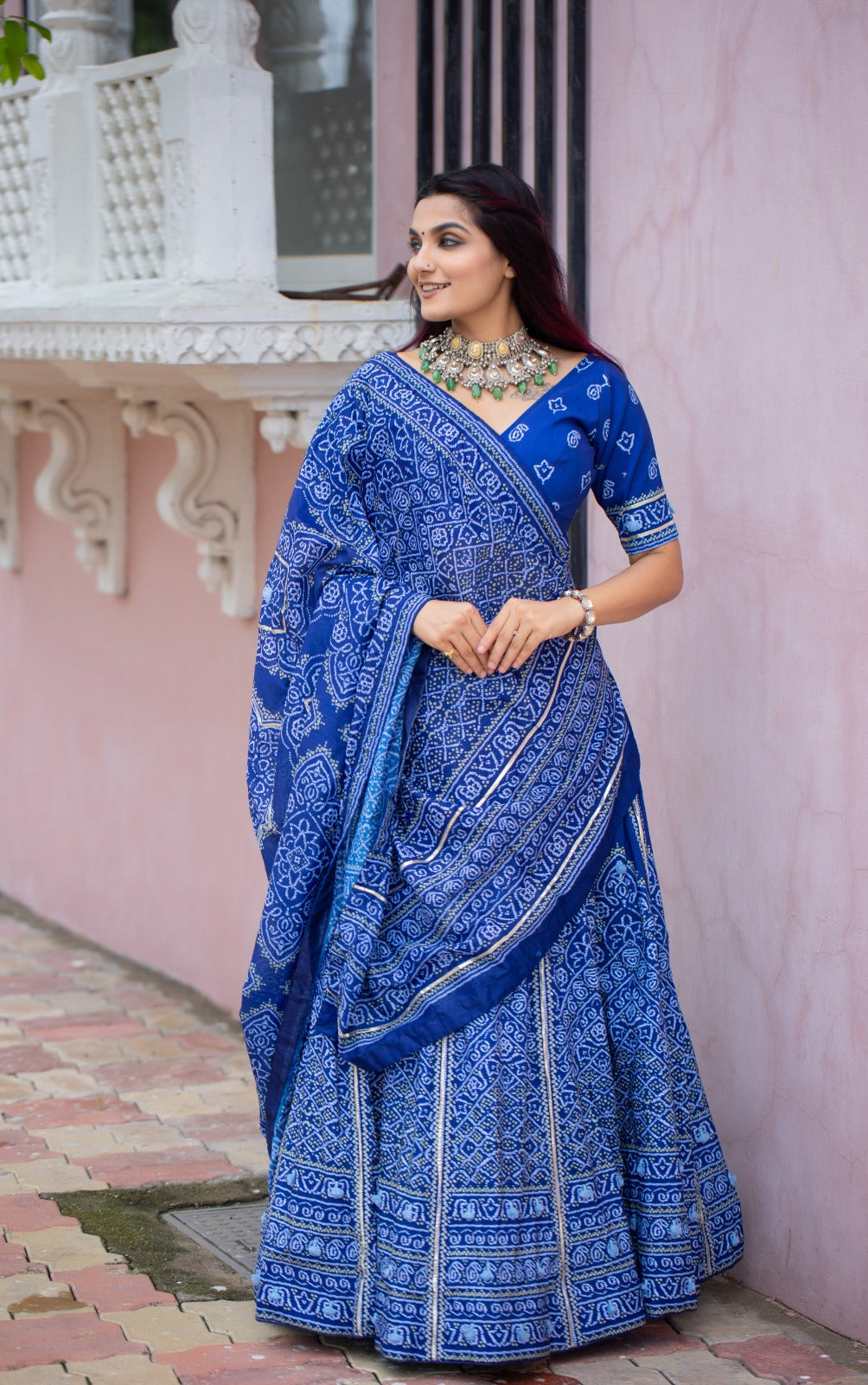 Blue Bandhani Print Lehenga Choli With Gota Patti & Tassels Work