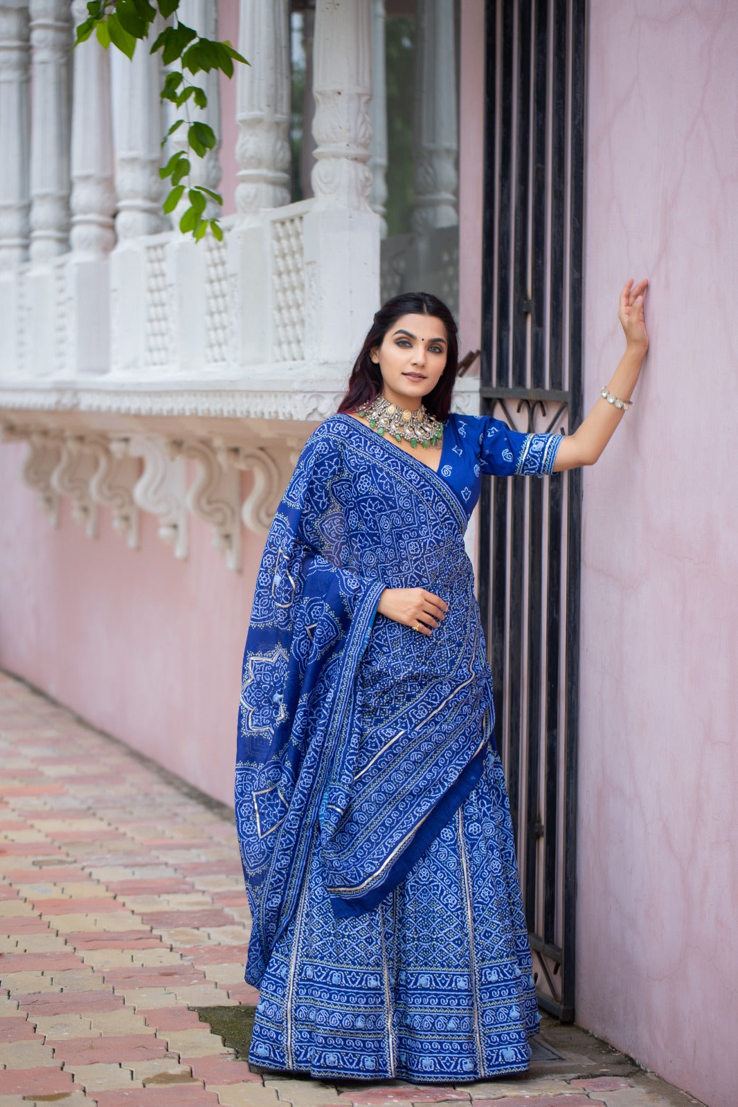 Blue Bandhani Print Lehenga Choli With Gota Patti & Tassels Work
