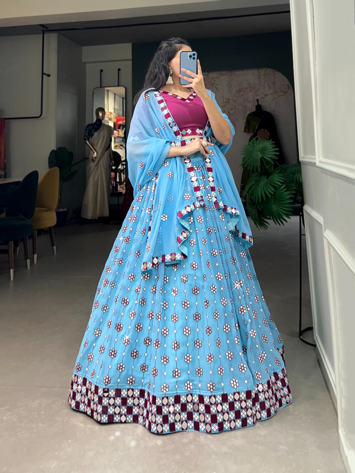 Sky Blue Georgette Lehenga Choli With Original Mirror Work