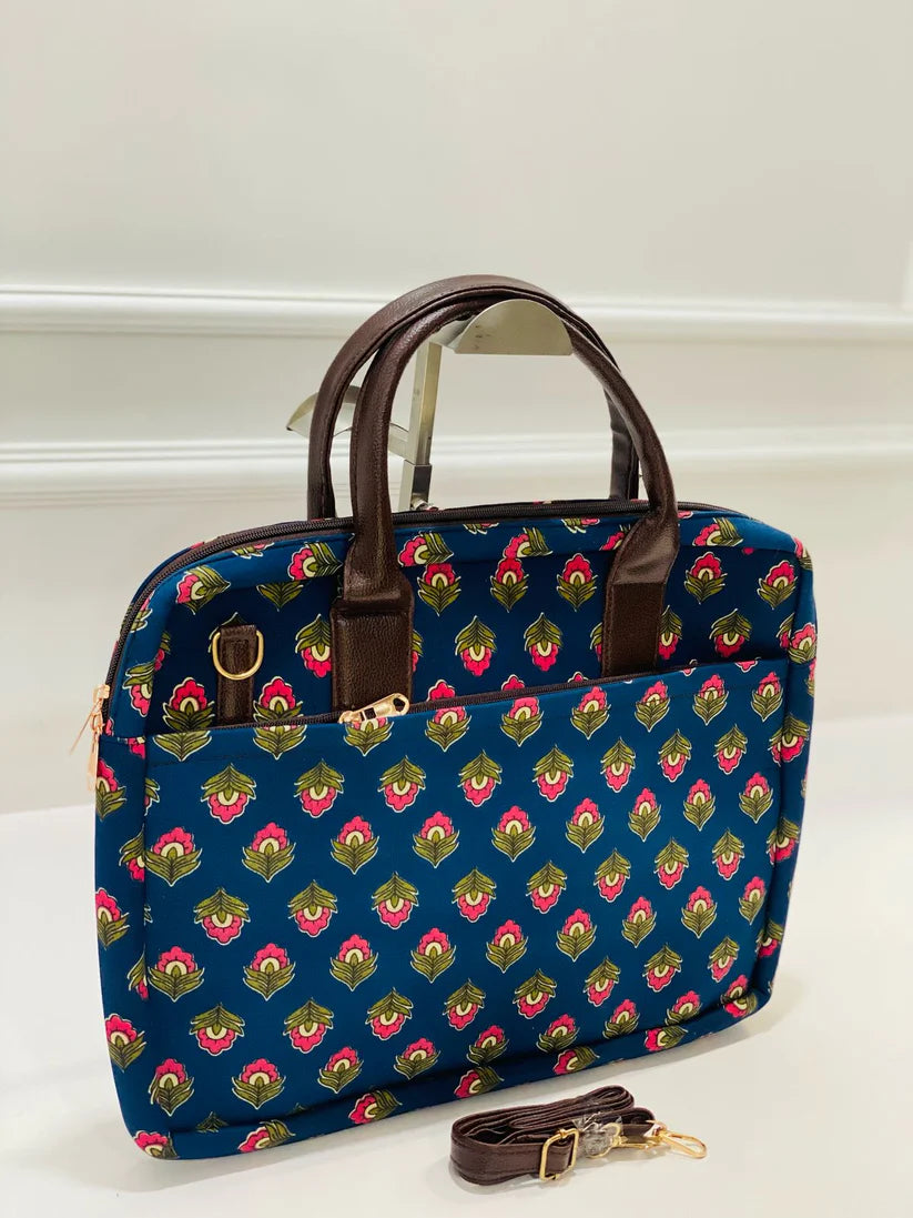 Navy Blue Floral Modern Women Laptop Bag