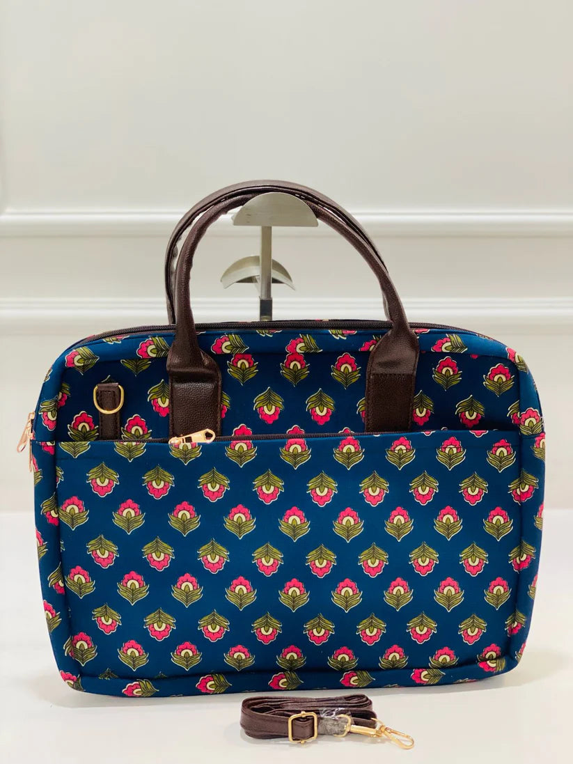 Navy Blue Floral Modern Women Laptop Bag
