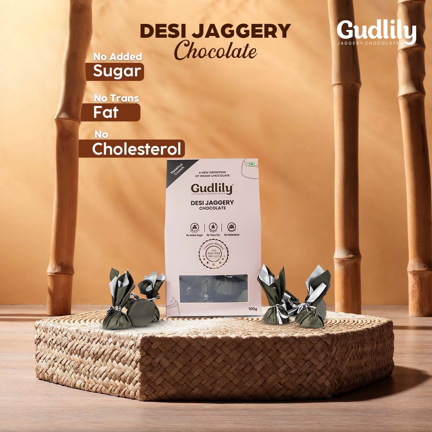 Gudlily Jaggery Chocolates Hazelnut Crunch - 100 Gms