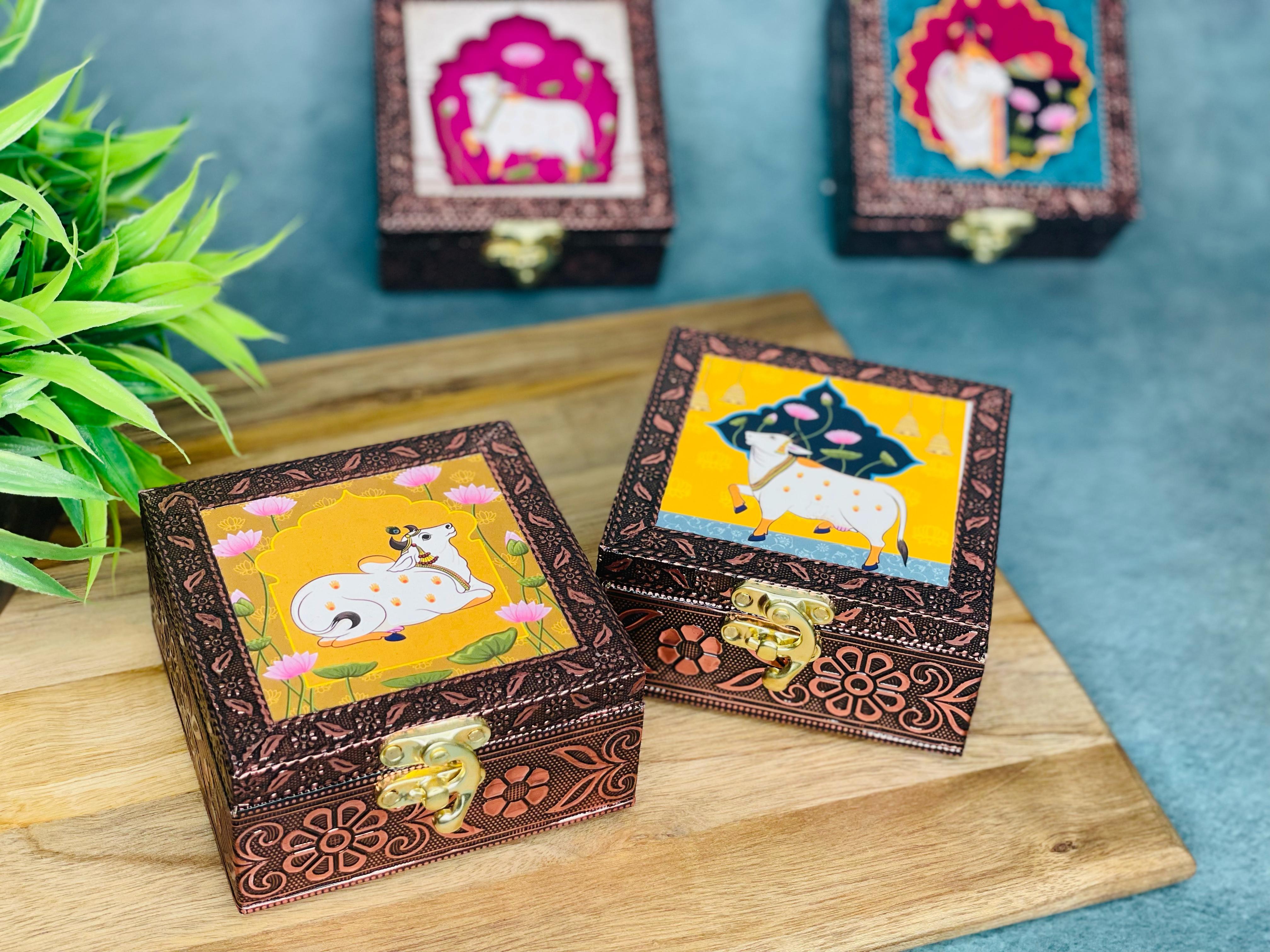 Pichwai print wooden jewellery box with oxidised copper finish, traditional Indian decorative storage box for jewellery, keepsakes and gifting.