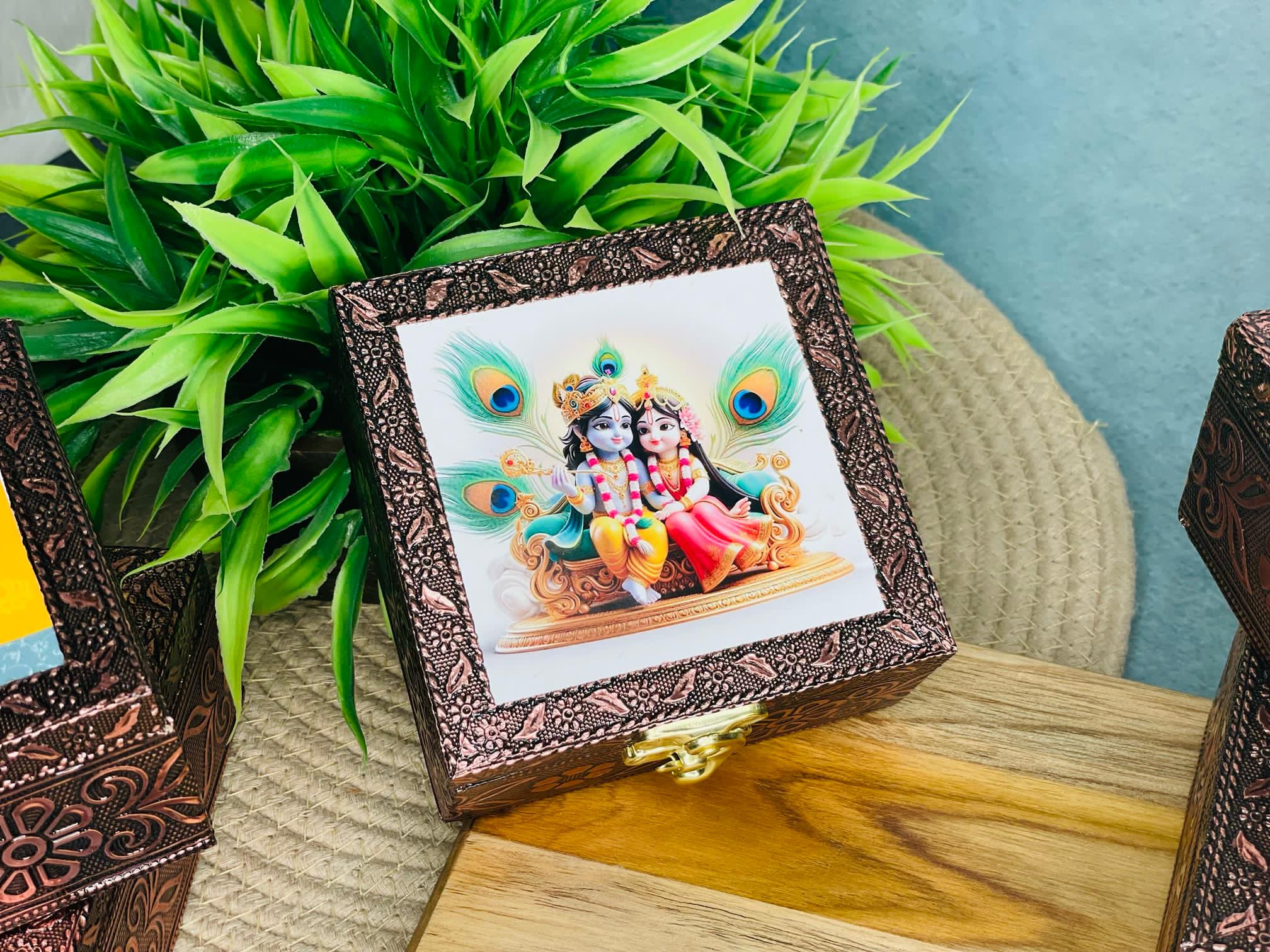 Pichwai print wooden jewellery box with oxidised copper finish, traditional Indian decorative storage box for jewellery, keepsakes and gifting.