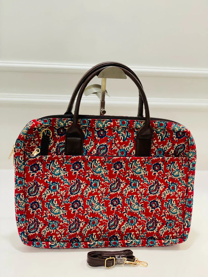 Red Jaal Print Fabric Modern Laptop Bag