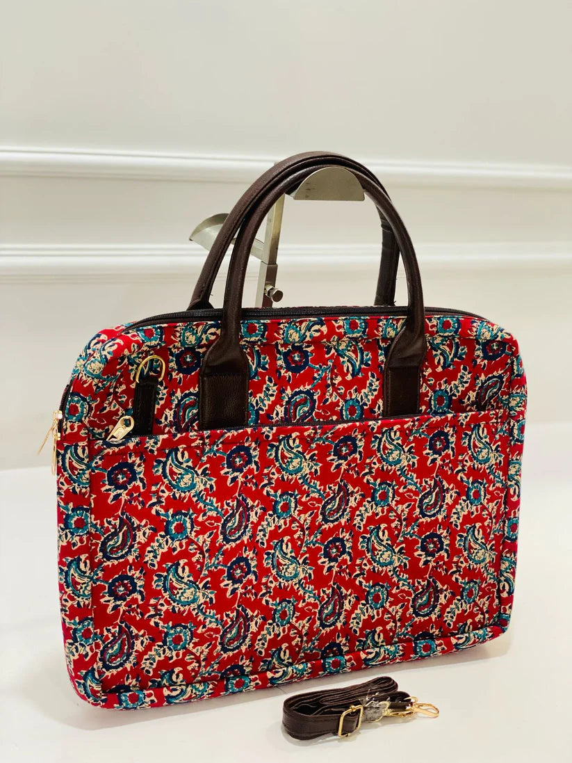 Red Jaal Print Fabric Modern Laptop Bag