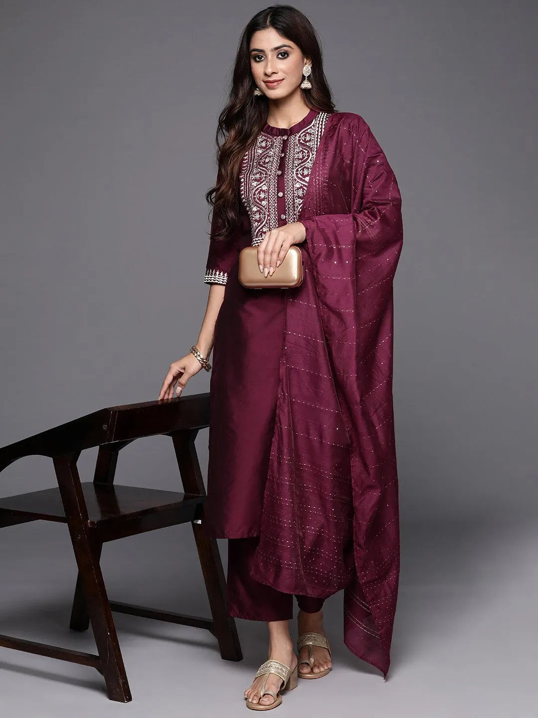 Wine Yoke Design Silk Blend Straight Suit With Dupatta| Ready to wear