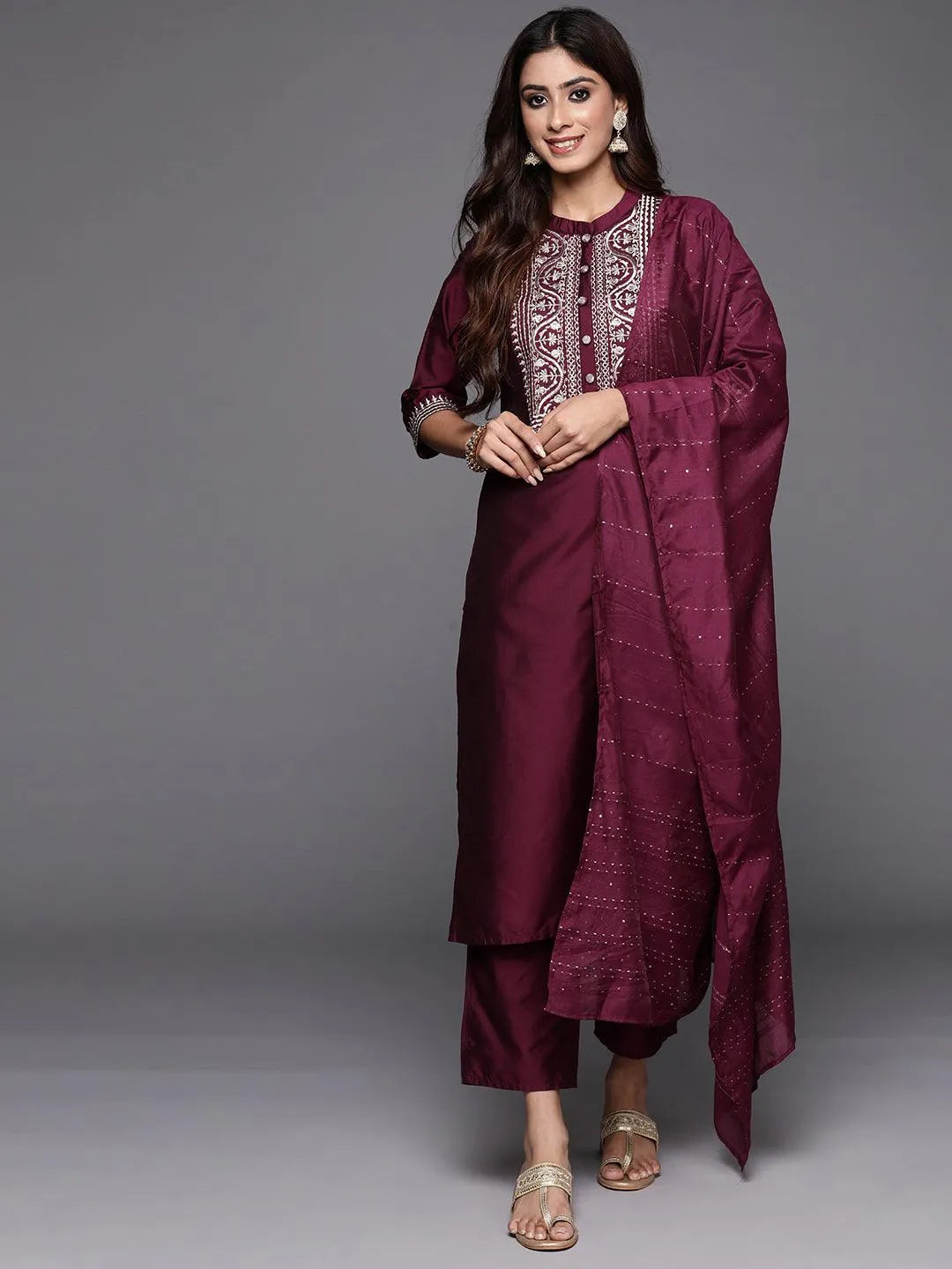 Wine Yoke Design Silk Blend Straight Suit With Dupatta| Ready to wear
