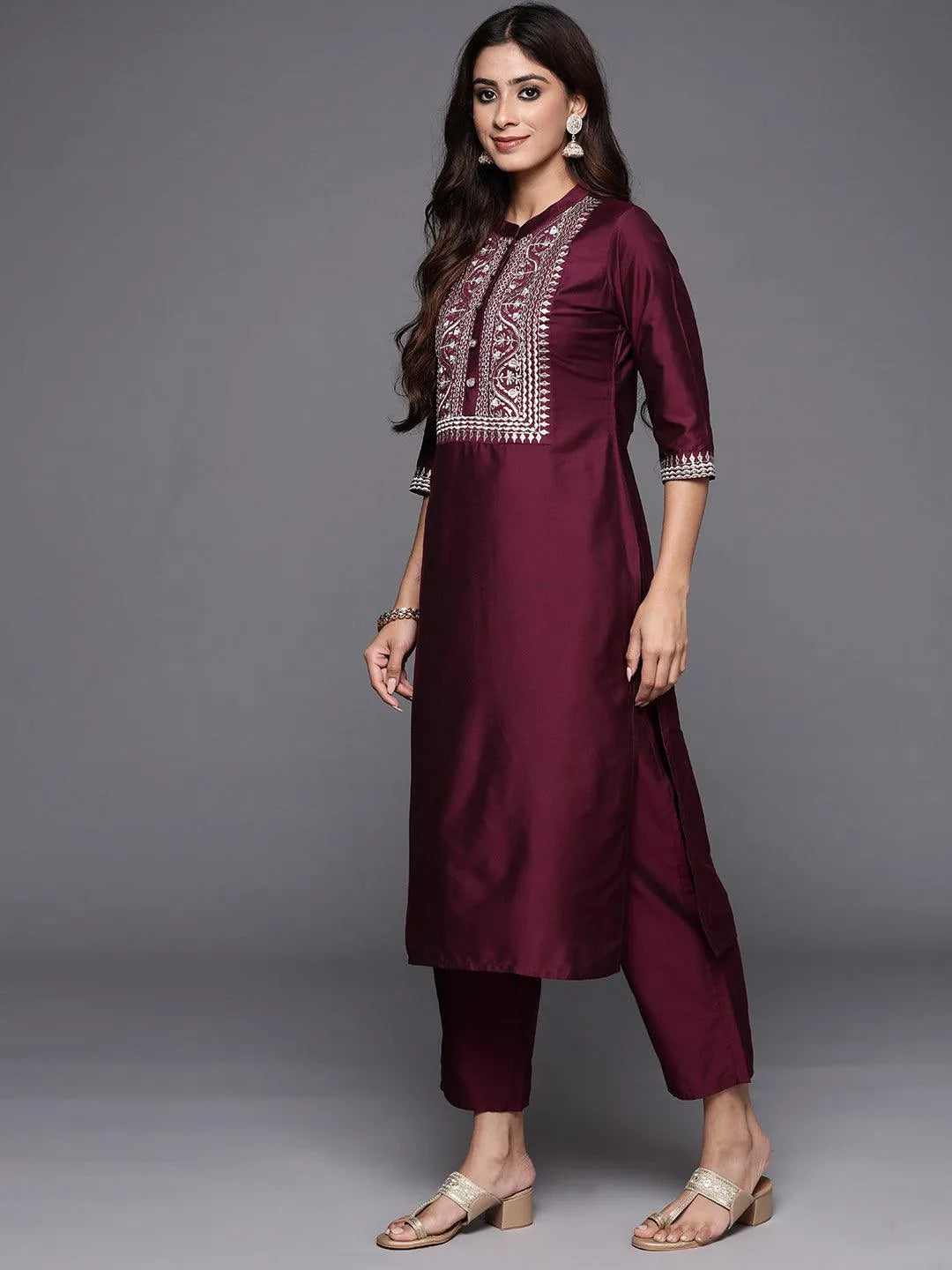 Wine Yoke Design Silk Blend Straight Suit With Dupatta| Ready to wear