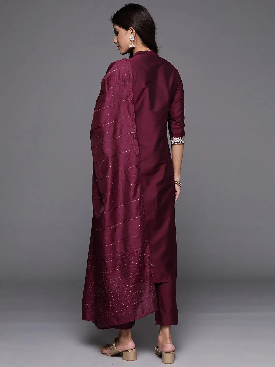 Wine Yoke Design Silk Blend Straight Suit With Dupatta| Ready to wear