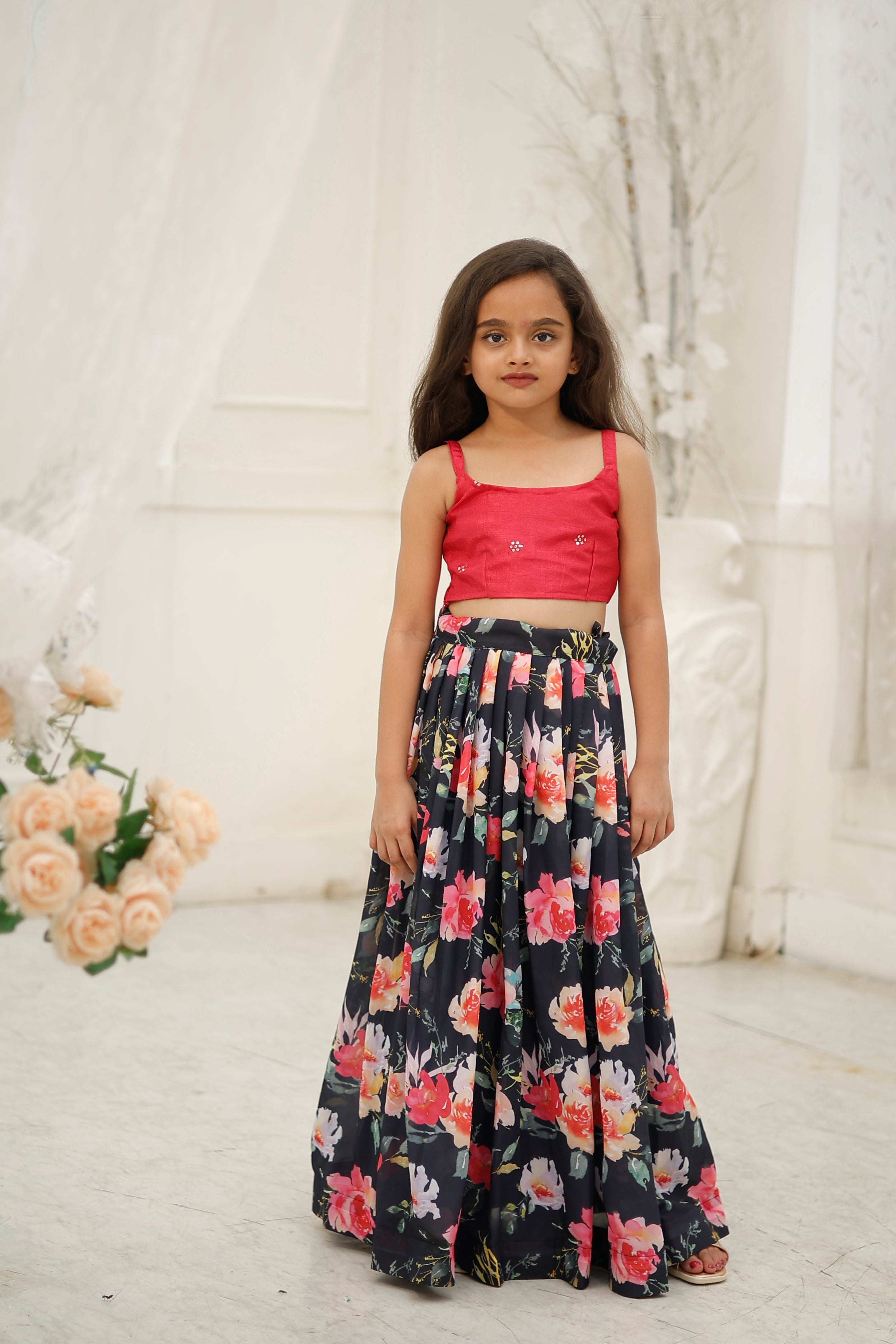 Embroidery thread with sequance work Faux Gorgette Pink Kids Lehenga Choli | Ready To Wear - India shopping