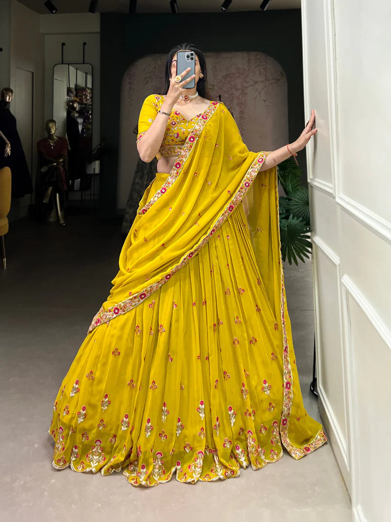 Yellow Lehenga Choli With Thread Embroidery Work | Ready To Wear