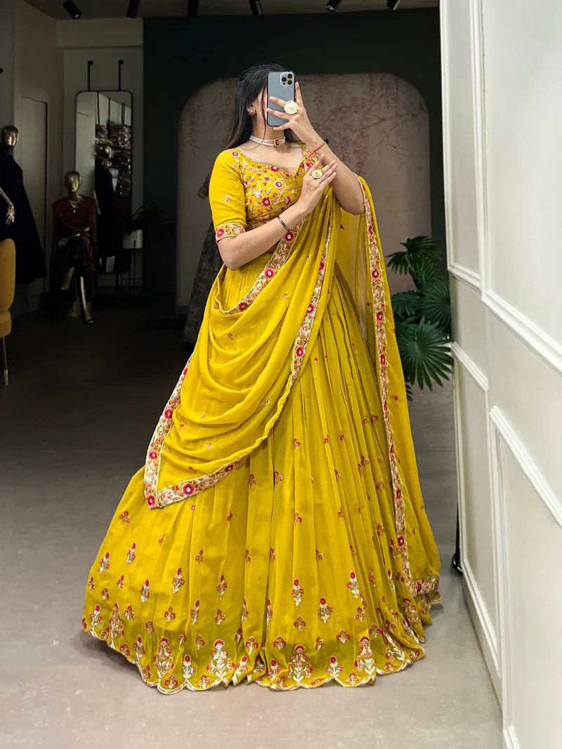 Yellow Lehenga Choli With Thread Embroidery Work | Ready To Wear