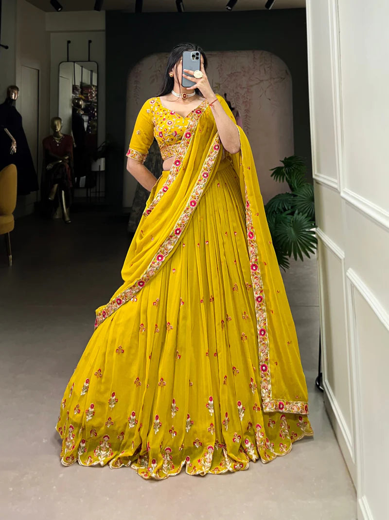 Yellow Lehenga Choli With Thread Embroidery Work | Ready To Wear