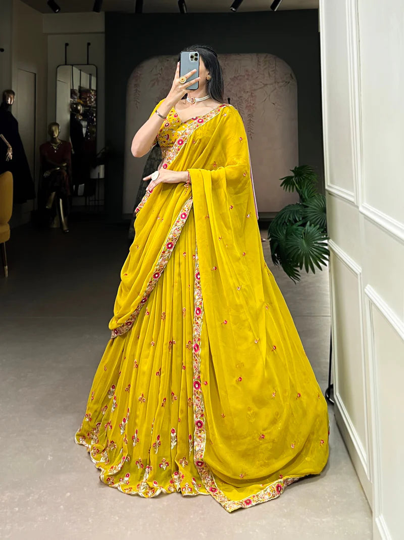 Yellow Lehenga Choli With Thread Embroidery Work | Ready To Wear