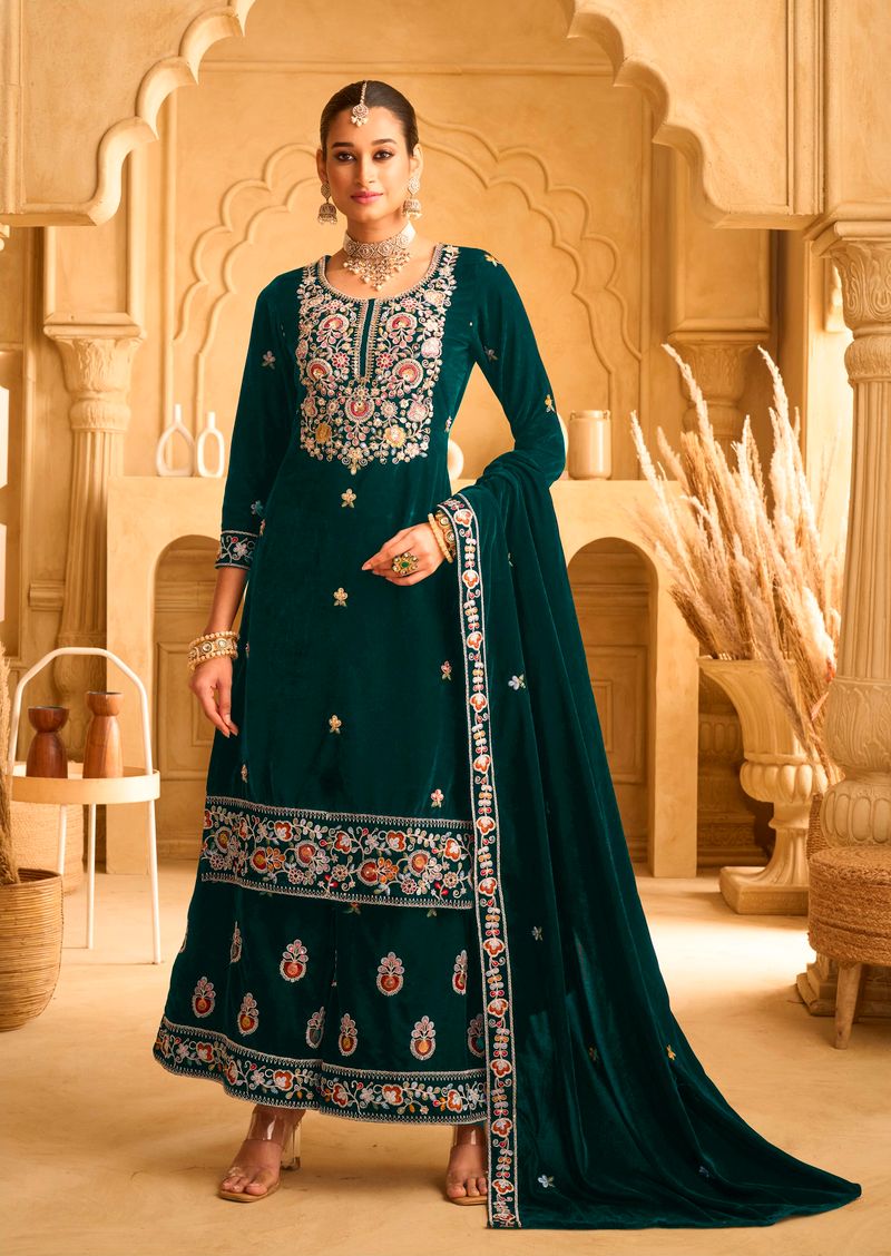 Velvet Silk Suit With Embroidery Work | Ready To Wear