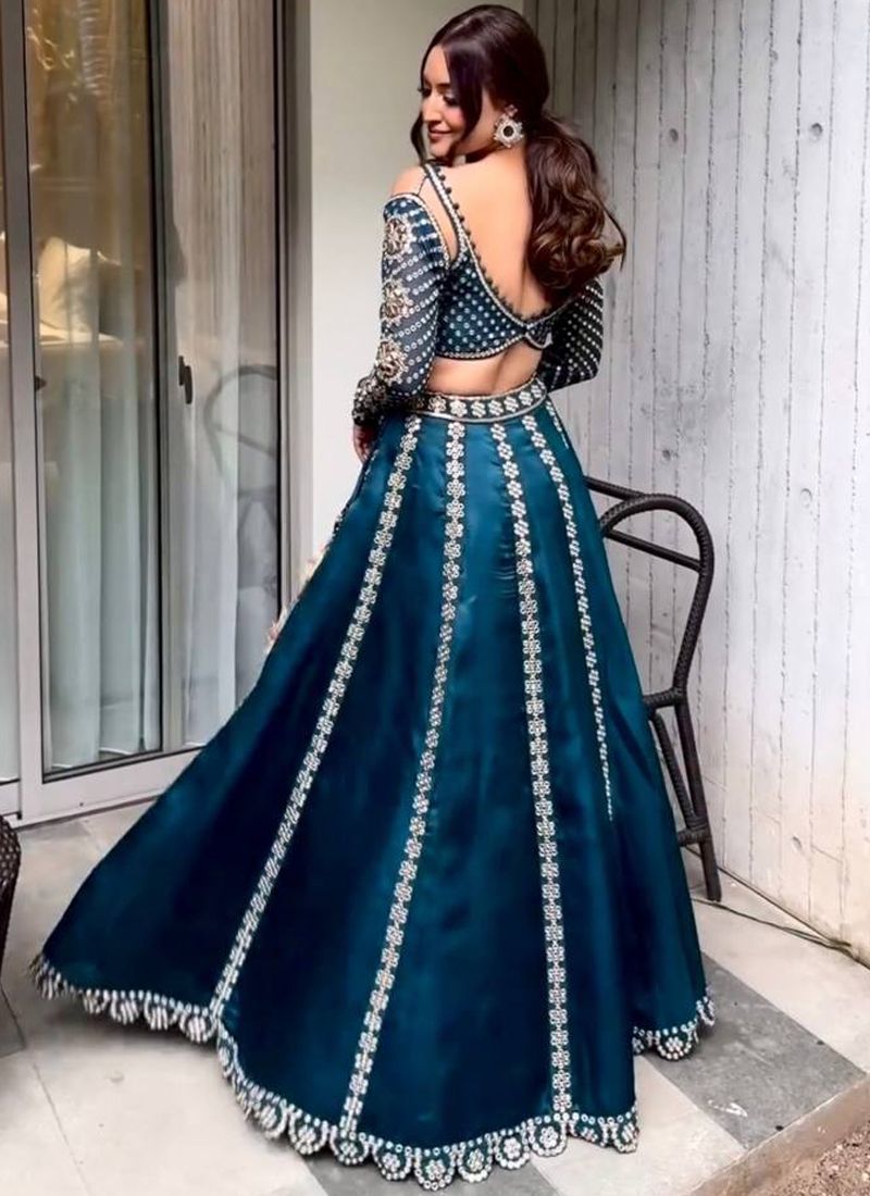 Teal Malai Silk Zari Work Lehenga Choli With V-Neck | Ready To Wear