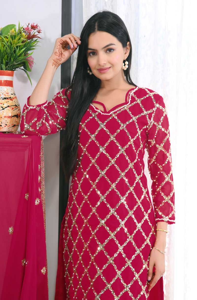 Georgette Lehenga Suit With Sequence Embroidery With Rivet Moti Work | Ready To Wear